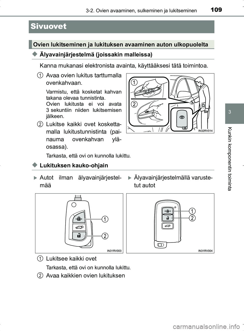 TOYOTA RAV4 2017 Omistajan Käsikirja (in Finnish) 109
3
3-2. Ovien avaaminen, sulkeminen ja lukitseminen
Kunkin komponentin toiminta
OM42753FI
Sivuovet
uÄlyavainjärjestelmä (joissakin malleissa)
Kanna mukanasi elektronista avainta, käyttääksesi TOYOTA RAV4 2017 Omistajan Käsikirja (in Finnish) 109
3
3-2. Ovien avaaminen, sulkeminen ja lukitseminen
Kunkin komponentin toiminta
OM42753FI
Sivuovet
uÄlyavainjärjestelmä (joissakin malleissa)
Kanna mukanasi elektronista avainta, käyttääksesi
