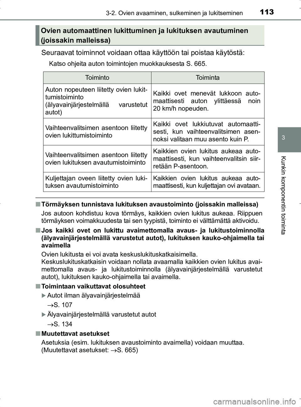 TOYOTA RAV4 2017  Omistajan Käsikirja (in Finnish) 1133-2. Ovien avaaminen, sulkeminen ja lukitseminen
3
Kunkin komponentin toiminta
OM42753FI
Seuraavat toiminnot voidaan ottaa käyttöön tai poistaa käytöstä:
Katso ohjeita auton toimintojen muokk
