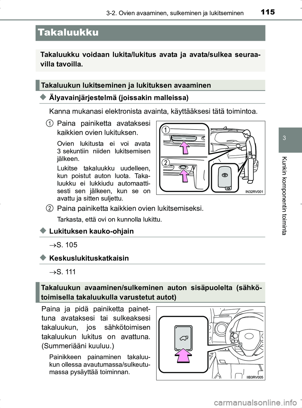TOYOTA RAV4 2017  Omistajan Käsikirja (in Finnish) 115
3
3-2. Ovien avaaminen, sulkeminen ja lukitseminen
Kunkin komponentin toiminta
OM42753FI
Takaluukku
uÄlyavainjärjestelmä (joissakin malleissa)
Kanna mukanasi elektronista avainta, käyttääkse
