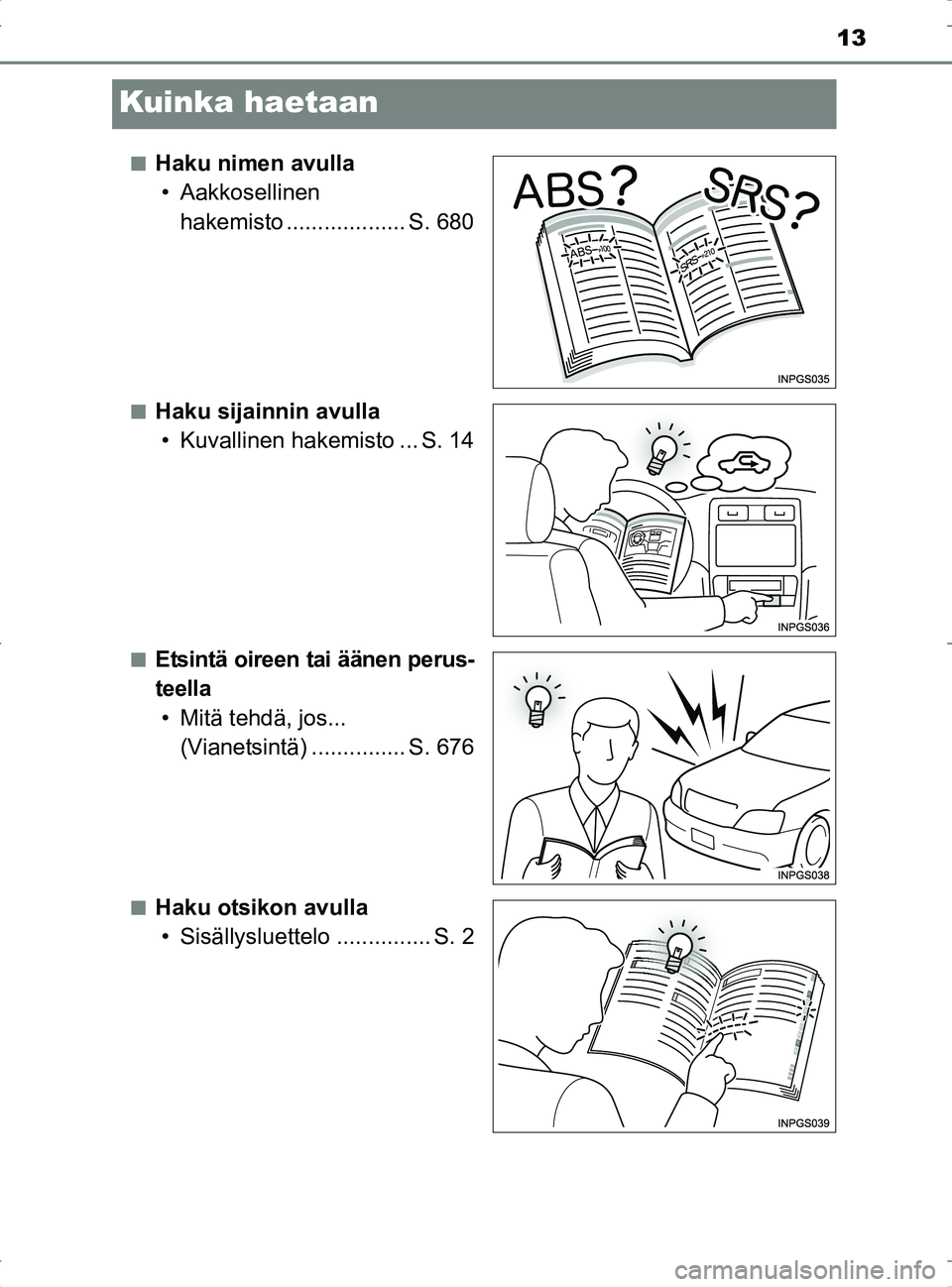 TOYOTA RAV4 2017  Omistajan Käsikirja (in Finnish) 13
OM42753FI
Kuinka haetaan
nHaku nimen avulla• Aakkosellinen  hakemisto ................... S. 680
nHaku sijainnin avulla• Kuvallinen hakemisto ... S. 14
nEtsintä oireen tai äänen perus-
teell