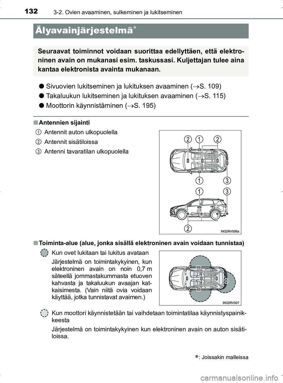 TOYOTA RAV4 2017 Omistajan Käsikirja (in Finnish) 1323-2. Ovien avaaminen, sulkeminen ja lukitseminen
OM42753FI
Älyavainjärjestelmä
lSivuovien lukitseminen ja lukituksen avaaminen ( S. 109)
l Takaluukun lukitseminen ja lukituksen avaaminen ( TOYOTA RAV4 2017 Omistajan Käsikirja (in Finnish) 1323-2. Ovien avaaminen, sulkeminen ja lukitseminen
OM42753FI
Älyavainjärjestelmä
lSivuovien lukitseminen ja lukituksen avaaminen ( S. 109)
l Takaluukun lukitseminen ja lukituksen avaaminen (