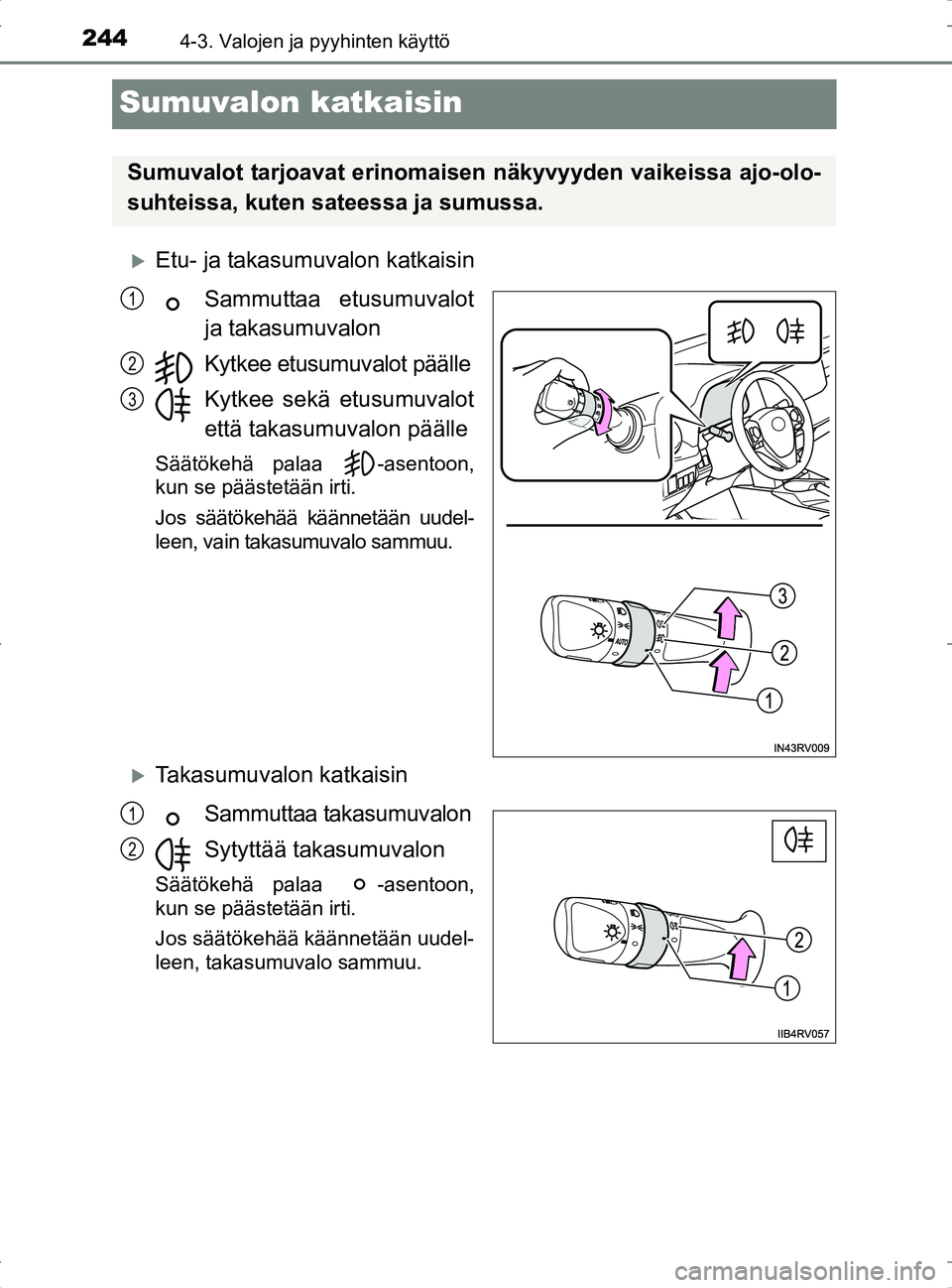 TOYOTA RAV4 2017 Omistajan Käsikirja (in Finnish) 2444-3. Valojen ja pyyhinten käyttö
OM42753FI
Sumuvalon katkaisin
Etu- ja takasumuvalon katkaisinSammuttaa etusumuvalot
ja takasumuvalon
Kytkee etusumuvalot päälle
Kytkee sekä etusumuvalot
ett TOYOTA RAV4 2017 Omistajan Käsikirja (in Finnish) 2444-3. Valojen ja pyyhinten käyttö
OM42753FI
Sumuvalon katkaisin
Etu- ja takasumuvalon katkaisinSammuttaa etusumuvalot
ja takasumuvalon
Kytkee etusumuvalot päälle
Kytkee sekä etusumuvalot
ett