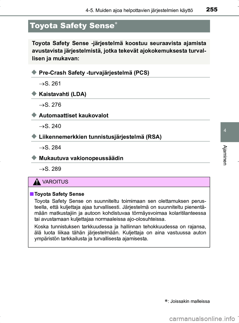 TOYOTA RAV4 2017 Omistajan Käsikirja (in Finnish) 255
4
4-5. Muiden ajoa helpottavien järjestelmien käyttö
Ajaminen
OM42753FI
Toyota Safety Sense
uPre-Crash Safety -turvajärjestelmä (PCS)
S. 261
uKaistavahti (LDA)
S. 276
uAutomaattiset TOYOTA RAV4 2017 Omistajan Käsikirja (in Finnish) 255
4
4-5. Muiden ajoa helpottavien järjestelmien käyttö
Ajaminen
OM42753FI
Toyota Safety Sense
uPre-Crash Safety -turvajärjestelmä (PCS)
S. 261
uKaistavahti (LDA)
S. 276
uAutomaattiset