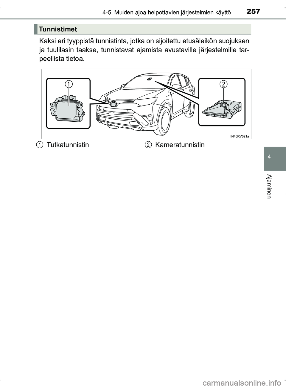 TOYOTA RAV4 2017 Omistajan Käsikirja (in Finnish) 2574-5. Muiden ajoa helpottavien järjestelmien käyttö
4
Ajaminen
OM42753FI
Kaksi eri tyyppistä tunnistinta, jotka on sijoitettu etusäleikön suojuksen
ja tuulilasin taakse, tunnistavat ajamista a TOYOTA RAV4 2017 Omistajan Käsikirja (in Finnish) 2574-5. Muiden ajoa helpottavien järjestelmien käyttö
4
Ajaminen
OM42753FI
Kaksi eri tyyppistä tunnistinta, jotka on sijoitettu etusäleikön suojuksen
ja tuulilasin taakse, tunnistavat ajamista a