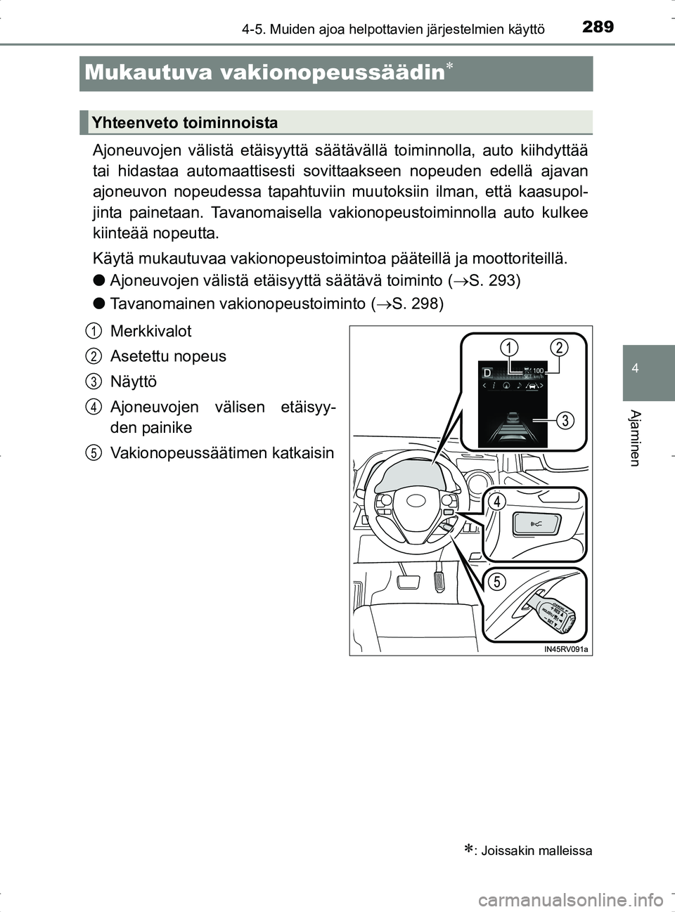 TOYOTA RAV4 2017 Omistajan Käsikirja (in Finnish) 289
4
4-5. Muiden ajoa helpottavien järjestelmien käyttö
Ajaminen
OM42753FI
Mukautuva vakionopeussäädin
Ajoneuvojen välistä etäisyyttä säätäv ällä toiminnolla, auto kiihdyttää
tai h TOYOTA RAV4 2017 Omistajan Käsikirja (in Finnish) 289
4
4-5. Muiden ajoa helpottavien järjestelmien käyttö
Ajaminen
OM42753FI
Mukautuva vakionopeussäädin
Ajoneuvojen välistä etäisyyttä säätäv ällä toiminnolla, auto kiihdyttää
tai h