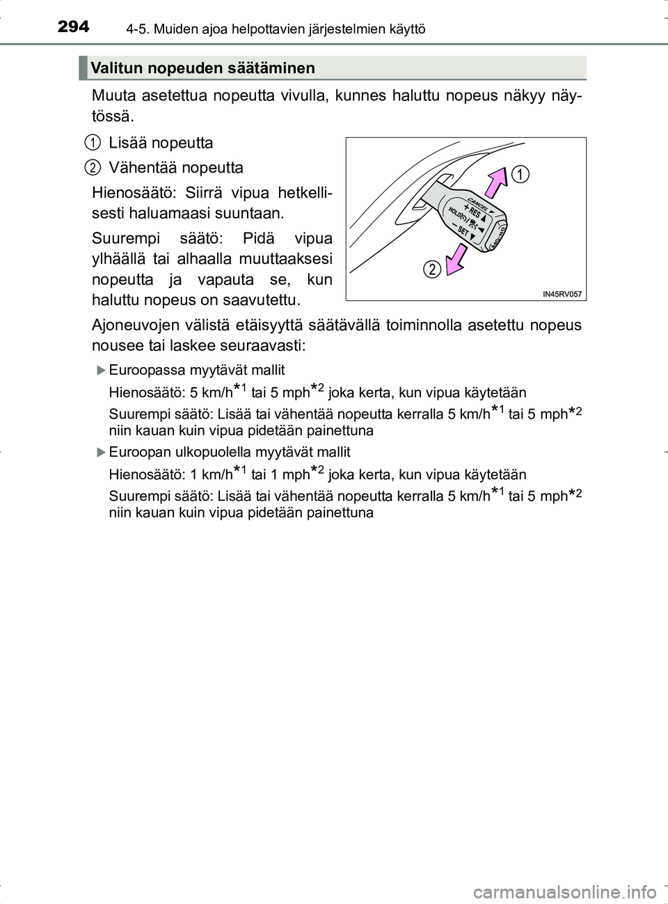 TOYOTA RAV4 2017 Omistajan Käsikirja (in Finnish) 2944-5. Muiden ajoa helpottavien järjestelmien käyttö
OM42753FI
Muuta asetettua nopeutta vivulla, kunnes haluttu nopeus näkyy näy-
tössä.
Lisää nopeutta
Vähentää nopeutta
Hienosäätö: Si TOYOTA RAV4 2017 Omistajan Käsikirja (in Finnish) 2944-5. Muiden ajoa helpottavien järjestelmien käyttö
OM42753FI
Muuta asetettua nopeutta vivulla, kunnes haluttu nopeus näkyy näy-
tössä.
Lisää nopeutta
Vähentää nopeutta
Hienosäätö: Si