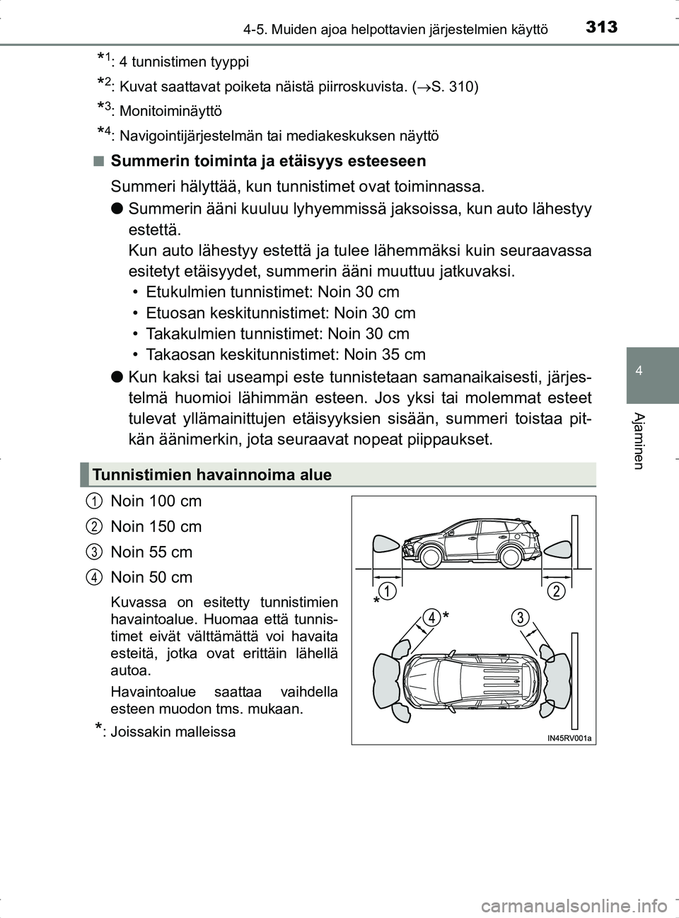 TOYOTA RAV4 2017 Omistajan Käsikirja (in Finnish) 3134-5. Muiden ajoa helpottavien järjestelmien käyttö
4
Ajaminen
OM42753FI
*1: 4 tunnistimen tyyppi
*2: Kuvat saattavat poiketa näistä piirroskuvista. (S. 310)
*3: Monitoiminäyttö
*4: Navigo TOYOTA RAV4 2017 Omistajan Käsikirja (in Finnish) 3134-5. Muiden ajoa helpottavien järjestelmien käyttö
4
Ajaminen
OM42753FI
*1: 4 tunnistimen tyyppi
*2: Kuvat saattavat poiketa näistä piirroskuvista. (S. 310)
*3: Monitoiminäyttö
*4: Navigo