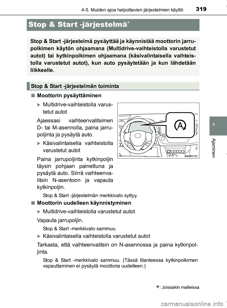 TOYOTA RAV4 2017 Omistajan Käsikirja (in Finnish) 319
4
4-5. Muiden ajoa helpottavien järjestelmien käyttö
Ajaminen
OM42753FI
Stop & Start -järjestelmä
nMoottorin pysäyttäminen
Multidrive-vaihteistolla varus-
tetut autot
Ajaessasi vaihte TOYOTA RAV4 2017 Omistajan Käsikirja (in Finnish) 319
4
4-5. Muiden ajoa helpottavien järjestelmien käyttö
Ajaminen
OM42753FI
Stop & Start -järjestelmä
nMoottorin pysäyttäminen
Multidrive-vaihteistolla varus-
tetut autot
Ajaessasi vaihte