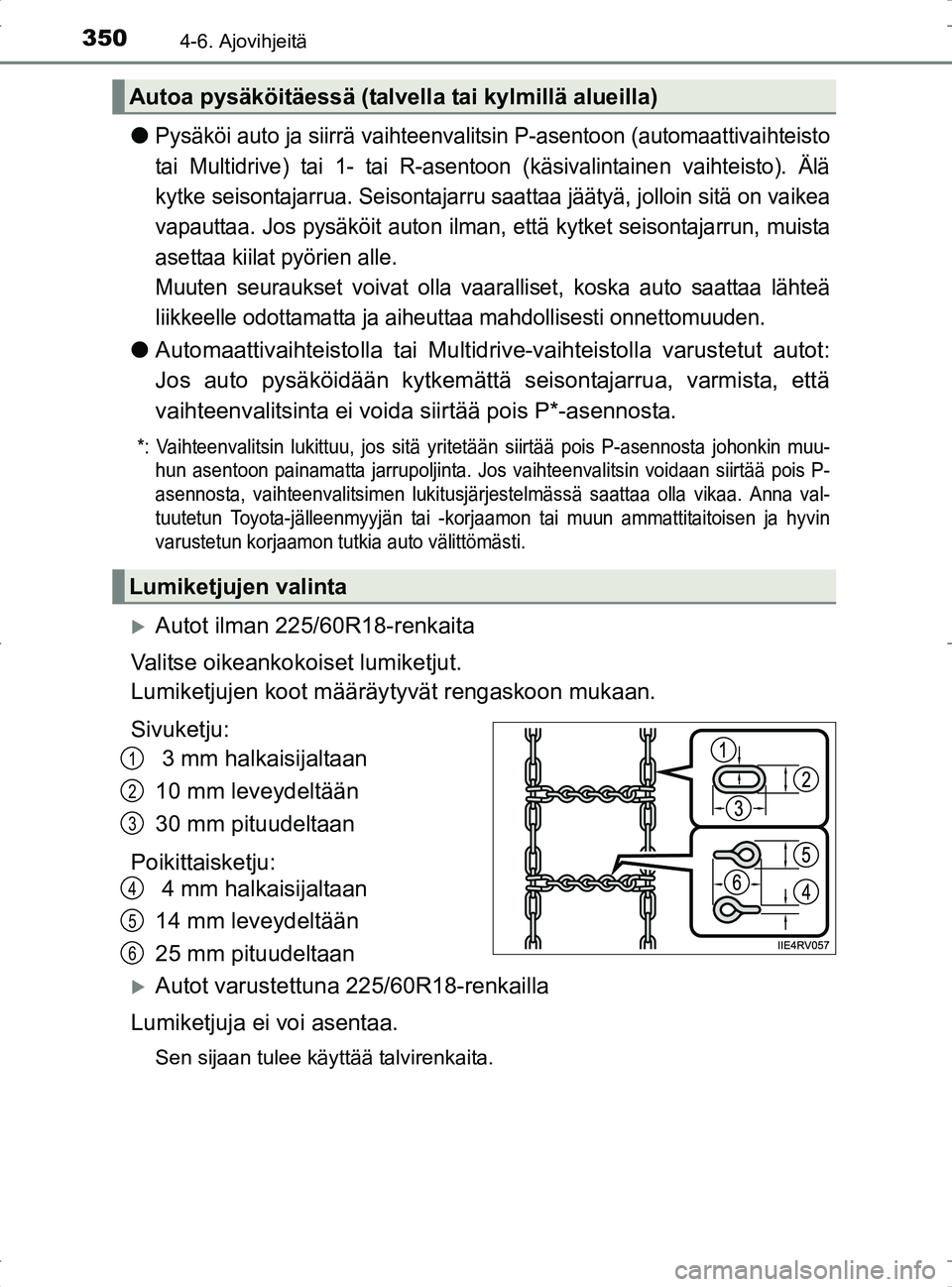 TOYOTA RAV4 2017 Omistajan Käsikirja (in Finnish) 3504-6. Ajovihjeitä
OM42753FI
lPysäköi auto ja siirrä vaihteenvalitsin P-asentoon (automaattivaihteisto
tai Multidrive) tai 1- tai R-asentoon (käsivalintainen vaihteisto). Älä
kytke seisontajar TOYOTA RAV4 2017 Omistajan Käsikirja (in Finnish) 3504-6. Ajovihjeitä
OM42753FI
lPysäköi auto ja siirrä vaihteenvalitsin P-asentoon (automaattivaihteisto
tai Multidrive) tai 1- tai R-asentoon (käsivalintainen vaihteisto). Älä
kytke seisontajar