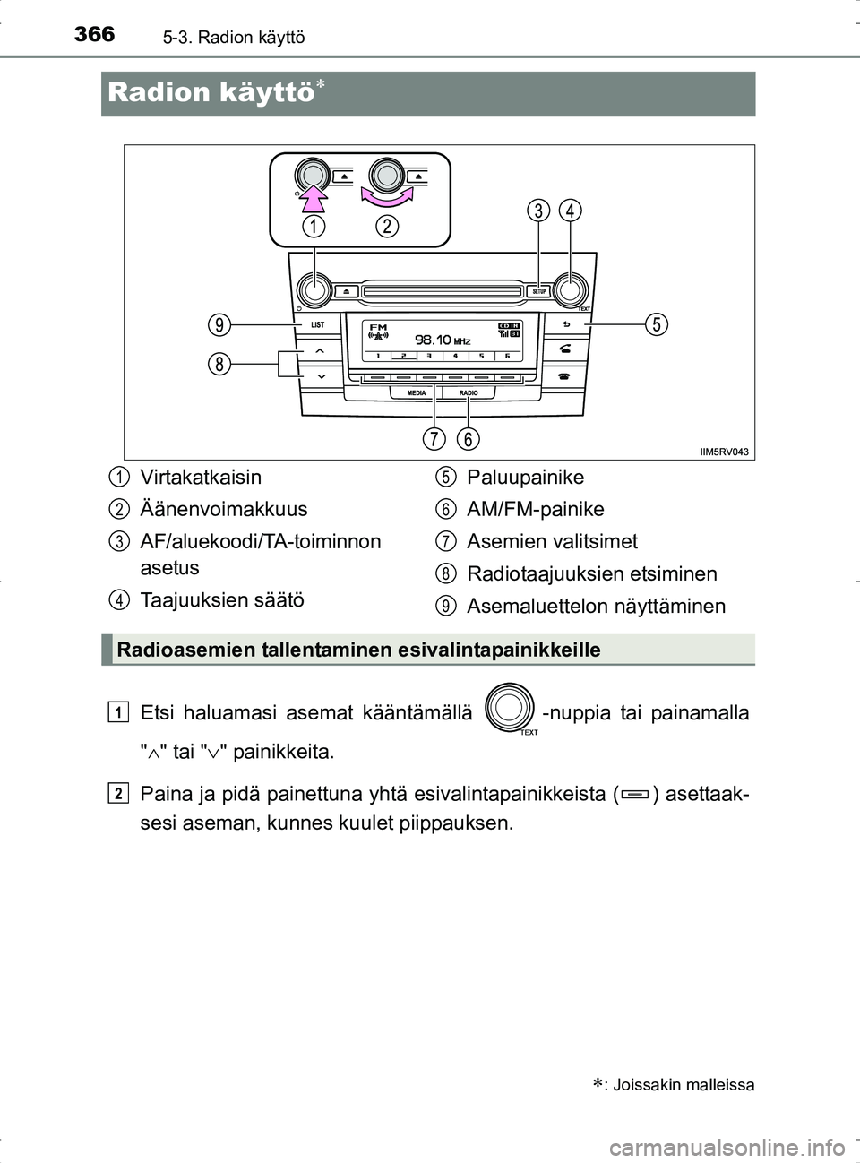 TOYOTA RAV4 2017 Omistajan Käsikirja (in Finnish) 3665-3. Radion käyttö
OM42753FI
Radion käyttö
Etsi haluamasi asemat kääntämällä -nuppia tai painamalla
" " tai " " painikkeita.
Paina ja pidä painettuna yhtä esiv alintapainikkeis TOYOTA RAV4 2017 Omistajan Käsikirja (in Finnish) 3665-3. Radion käyttö
OM42753FI
Radion käyttö
Etsi haluamasi asemat kääntämällä -nuppia tai painamalla
" " tai " " painikkeita.
Paina ja pidä painettuna yhtä esiv alintapainikkeis