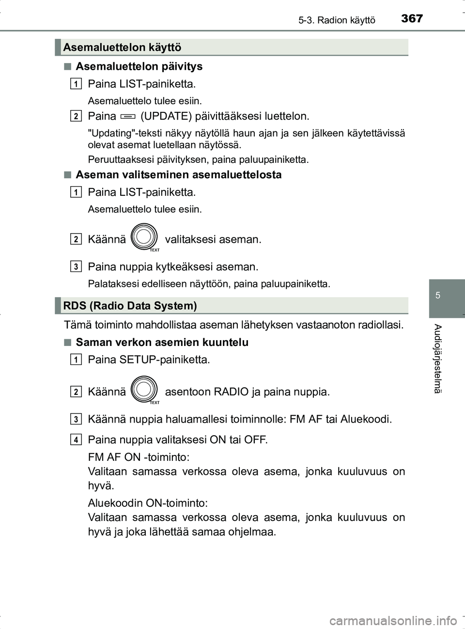 TOYOTA RAV4 2017 Omistajan Käsikirja (in Finnish) 3675-3. Radion käyttö
5
Audiojärjestelmä
OM42753FIn
Asemaluettelon päivitys
Paina LIST-painiketta.
Asemaluettelo tulee esiin.
Paina (UPDATE) päiv ittääksesi luettelon.
"Updating"-teksti näky TOYOTA RAV4 2017 Omistajan Käsikirja (in Finnish) 3675-3. Radion käyttö
5
Audiojärjestelmä
OM42753FIn
Asemaluettelon päivitys
Paina LIST-painiketta.
Asemaluettelo tulee esiin.
Paina (UPDATE) päiv ittääksesi luettelon.
"Updating"-teksti näky