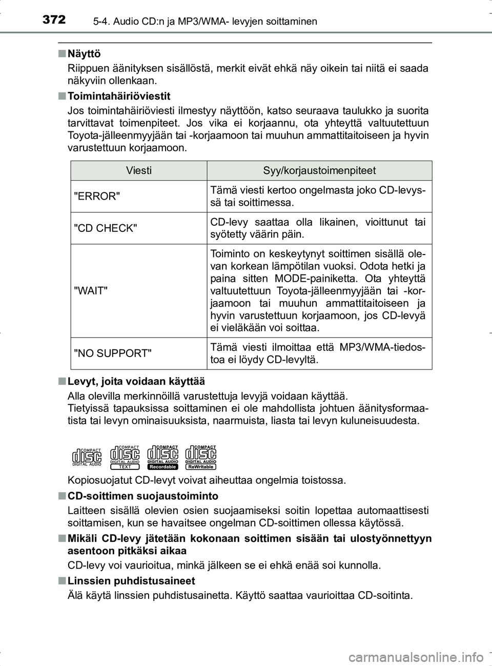 TOYOTA RAV4 2017 Omistajan Käsikirja (in Finnish) 3725-4. Audio CD:n ja MP3/WMA- levyjen soittaminen
OM42753FI
nNäyttö
Riippuen äänityksen sisällöstä, merkit eivät ehkä näy oikein tai niitä ei saada
näkyviin ollenkaan.
n Toimintahäiriöv TOYOTA RAV4 2017 Omistajan Käsikirja (in Finnish) 3725-4. Audio CD:n ja MP3/WMA- levyjen soittaminen
OM42753FI
nNäyttö
Riippuen äänityksen sisällöstä, merkit eivät ehkä näy oikein tai niitä ei saada
näkyviin ollenkaan.
n Toimintahäiriöv