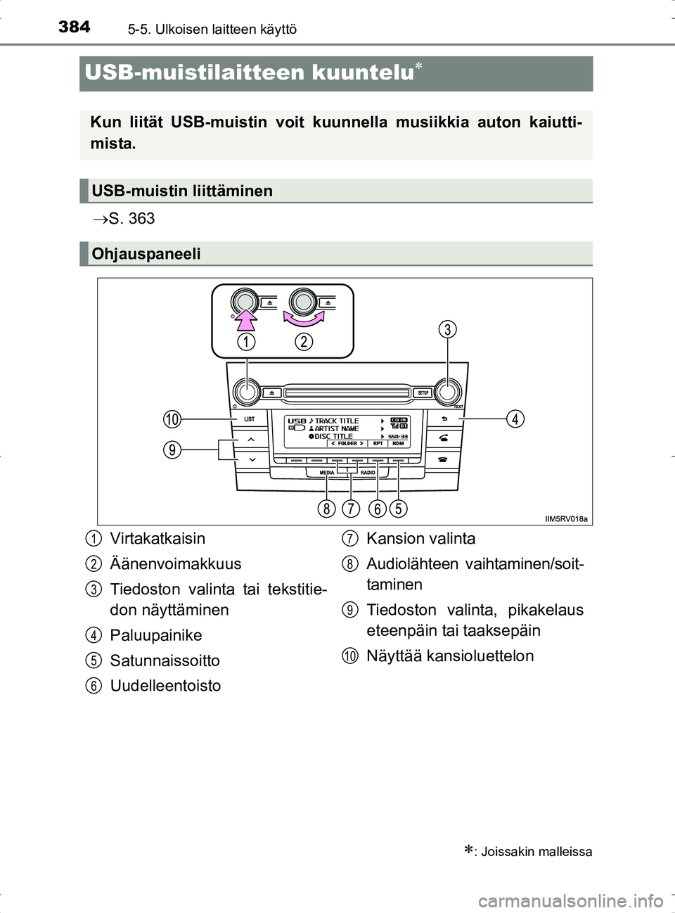 TOYOTA RAV4 2017 Omistajan Käsikirja (in Finnish) 3845-5. Ulkoisen laitteen käyttö
OM42753FI
USB-muistilaitteen kuuntelu
ï‚®S. 363
: Joissakin malleissa
Kun liität USB-muistin voit kuunnella musiikkia auton kaiutti-
mista.
USB-muistin liittà TOYOTA RAV4 2017 Omistajan Käsikirja (in Finnish) 3845-5. Ulkoisen laitteen käyttö
OM42753FI
USB-muistilaitteen kuuntelu
ï‚®S. 363
: Joissakin malleissa
Kun liität USB-muistin voit kuunnella musiikkia auton kaiutti-
mista.
USB-muistin liittÃ