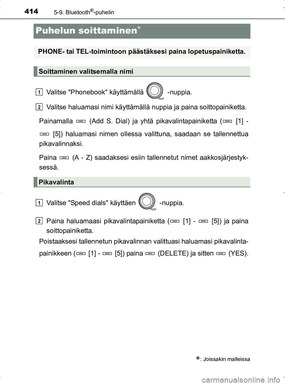 TOYOTA RAV4 2017 Omistajan Käsikirja (in Finnish) 4145-9. Bluetooth®-puhelin
OM42753FI
Puhelun soittaminen
Valitse "Phonebook" käyttämällä -nuppia.
Valitse haluamasi nimi käyttämällä nuppia ja paina soittopainiketta.
Painamalla (Add S TOYOTA RAV4 2017 Omistajan Käsikirja (in Finnish) 4145-9. Bluetooth®-puhelin
OM42753FI
Puhelun soittaminen
Valitse "Phonebook" käyttämällä -nuppia.
Valitse haluamasi nimi käyttämällä nuppia ja paina soittopainiketta.
Painamalla (Add S