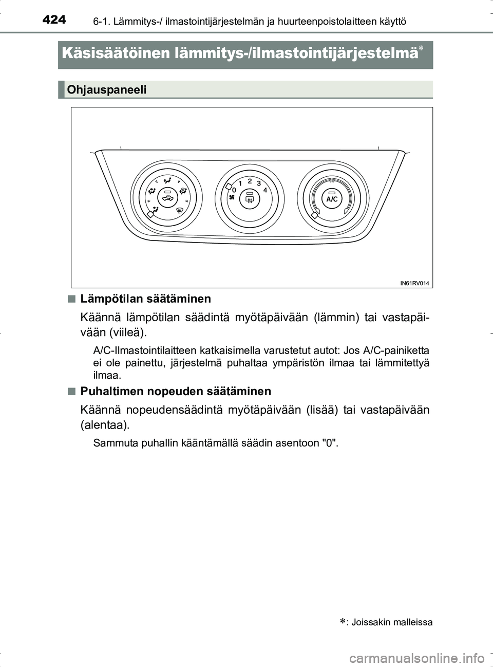 TOYOTA RAV4 2017 Omistajan Käsikirja (in Finnish) 4246-1. Lämmitys-/ ilmastointijärjestelmän ja huurteenpoistolaitteen käyttö
OM42753FI
Käsisäätöinen lämmitys-/ilmastointijärjestelmä
nLämpötilan säätäminen
Käännä lämpötilan s TOYOTA RAV4 2017 Omistajan Käsikirja (in Finnish) 4246-1. Lämmitys-/ ilmastointijärjestelmän ja huurteenpoistolaitteen käyttö
OM42753FI
Käsisäätöinen lämmitys-/ilmastointijärjestelmä
nLämpötilan säätäminen
Käännä lämpötilan s