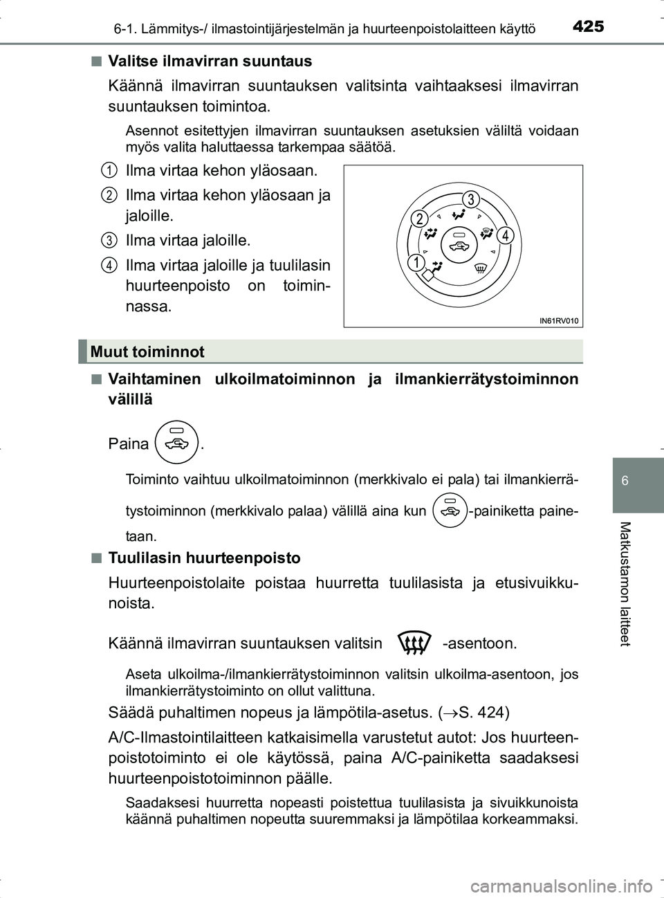 TOYOTA RAV4 2017 Omistajan Käsikirja (in Finnish) 4256-1. Lämmitys-/ ilmastointijärjestelmän ja huurteenpoistolaitteen käyttö
6
Matkustamon laitteet
OM42753FIn
Valitse ilmavirran suuntaus
Käännä ilmavirran suuntauksen valitsinta vaihtaaksesi TOYOTA RAV4 2017 Omistajan Käsikirja (in Finnish) 4256-1. Lämmitys-/ ilmastointijärjestelmän ja huurteenpoistolaitteen käyttö
6
Matkustamon laitteet
OM42753FIn
Valitse ilmavirran suuntaus
Käännä ilmavirran suuntauksen valitsinta vaihtaaksesi