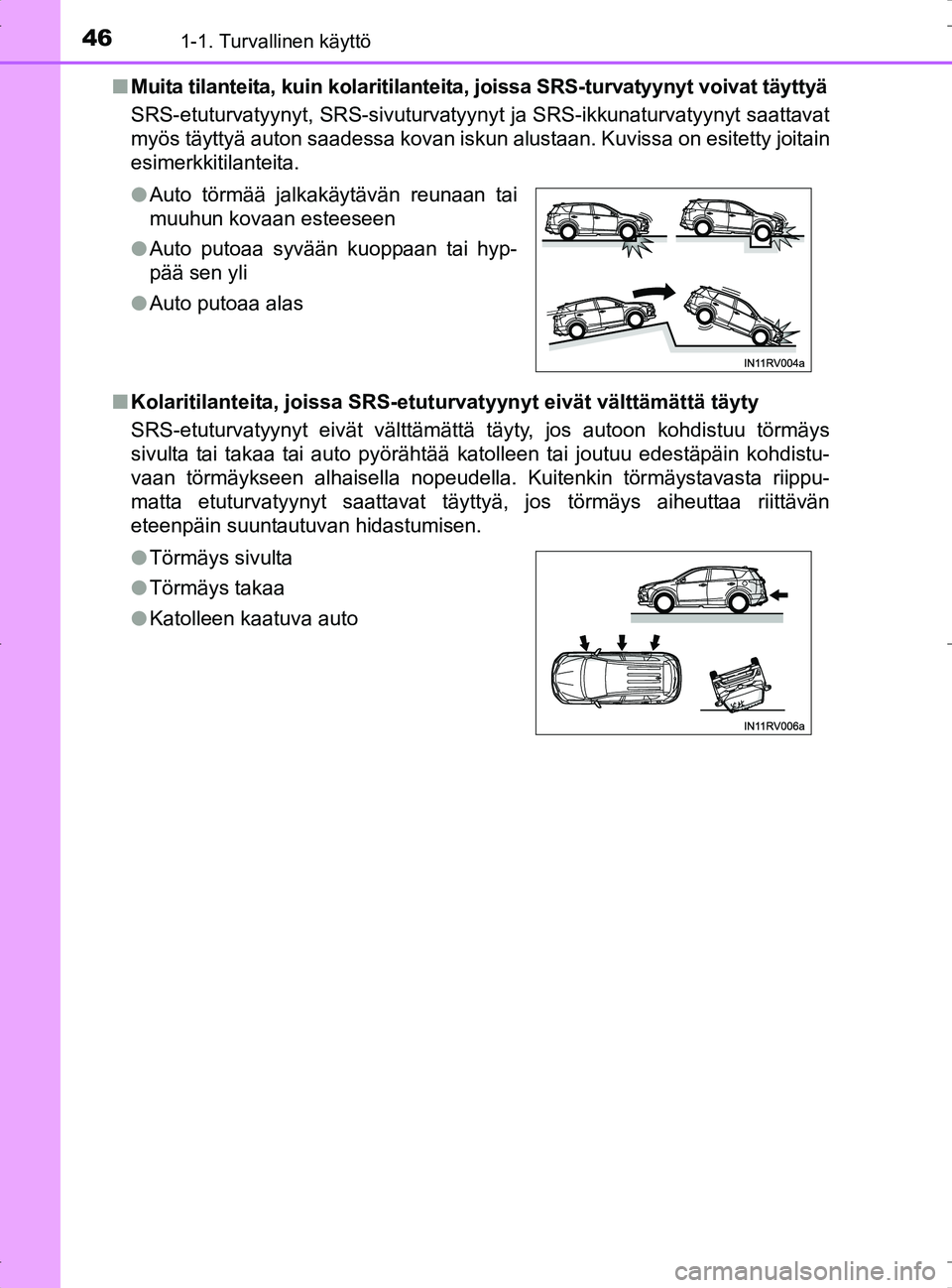 TOYOTA RAV4 2017  Omistajan Käsikirja (in Finnish) 461-1. Turvallinen käyttö
OM42753FIn
Muita tilanteita, kuin kolaritilanteita,  joissa SRS-turvatyynyt voivat täyttyä
SRS-etuturvatyynyt, SRS-sivuturvatyynyt ja SRS-ikkunaturvatyynyt saattavat
myö