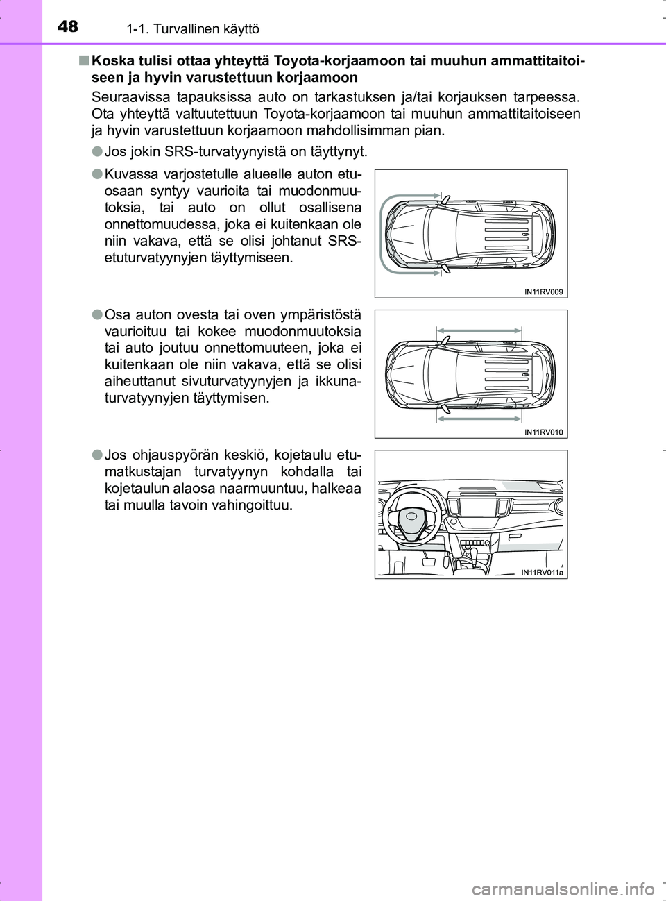 TOYOTA RAV4 2017  Omistajan Käsikirja (in Finnish) 481-1. Turvallinen käyttö
OM42753FIn
Koska tulisi ottaa yhteyttä Toyota-k orjaamoon tai muuhun ammattitaitoi-
seen ja hyvin var ustettuun korjaamoon
Seuraavissa tapauksissa auto on tarkastuksen ja/