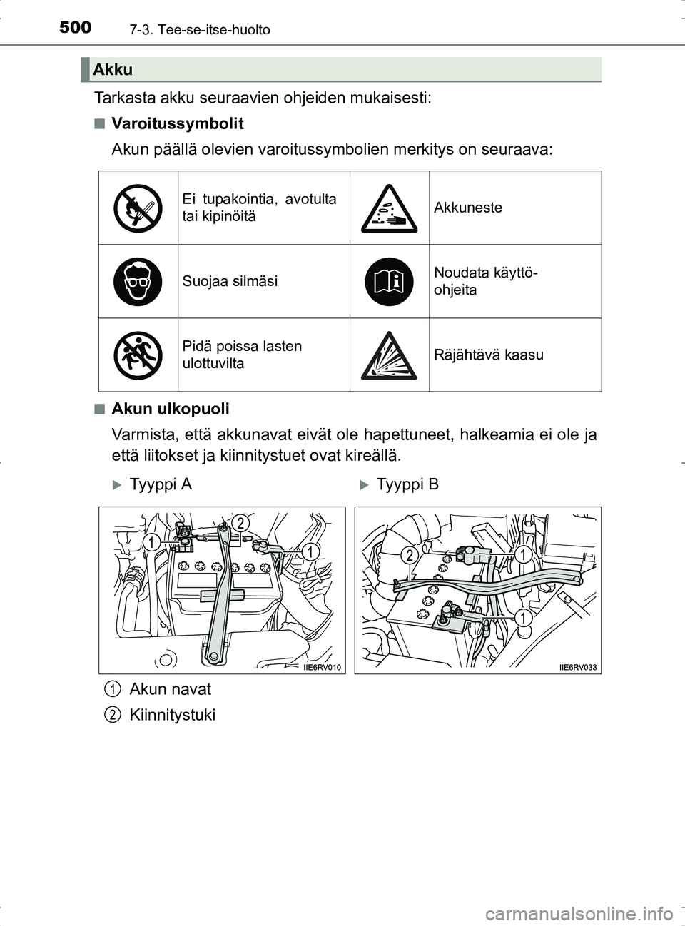 TOYOTA RAV4 2017 Omistajan Käsikirja (in Finnish) 5007-3. Tee-se-itse-huolto
OM42753FI
Tarkasta akku seuraavien ohjeiden mukaisesti:
nVaroitussymbolit
Akun päällä olevien varoitussymbolien merkitys on seuraava:
nAkun ulkopuoli
Varmista, että akku TOYOTA RAV4 2017 Omistajan Käsikirja (in Finnish) 5007-3. Tee-se-itse-huolto
OM42753FI
Tarkasta akku seuraavien ohjeiden mukaisesti:
nVaroitussymbolit
Akun päällä olevien varoitussymbolien merkitys on seuraava:
nAkun ulkopuoli
Varmista, että akku