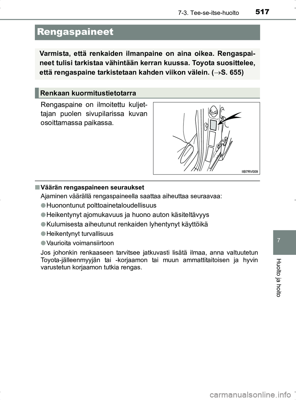 TOYOTA RAV4 2017 Omistajan Käsikirja (in Finnish) 5177-3. Tee-se-itse-huolto
OM42753FI
7
Huolto ja hoito
Rengaspaineet
Rengaspaine on ilmoitettu kuljet-
tajan puolen sivupilarissa kuvan
osoittamassa paikassa.
nVäärän rengaspaineen seuraukset
Ajami TOYOTA RAV4 2017 Omistajan Käsikirja (in Finnish) 5177-3. Tee-se-itse-huolto
OM42753FI
7
Huolto ja hoito
Rengaspaineet
Rengaspaine on ilmoitettu kuljet-
tajan puolen sivupilarissa kuvan
osoittamassa paikassa.
nVäärän rengaspaineen seuraukset
Ajami
