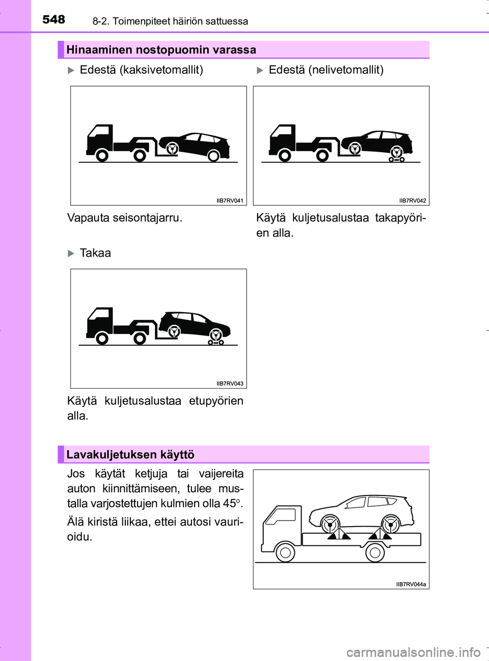 TOYOTA RAV4 2017 Omistajan Käsikirja (in Finnish) 5488-2. Toimenpiteet häiriön sattuessa
OM42753FI
Jos käytät ketjuja tai vaijereita
auton kiinnittämiseen, tulee mus-
talla varjostettujen kulmien olla 45.
Älä kiristä liikaa, ettei autosi v TOYOTA RAV4 2017 Omistajan Käsikirja (in Finnish) 5488-2. Toimenpiteet häiriön sattuessa
OM42753FI
Jos käytät ketjuja tai vaijereita
auton kiinnittämiseen, tulee mus-
talla varjostettujen kulmien olla 45.
Älä kiristä liikaa, ettei autosi v