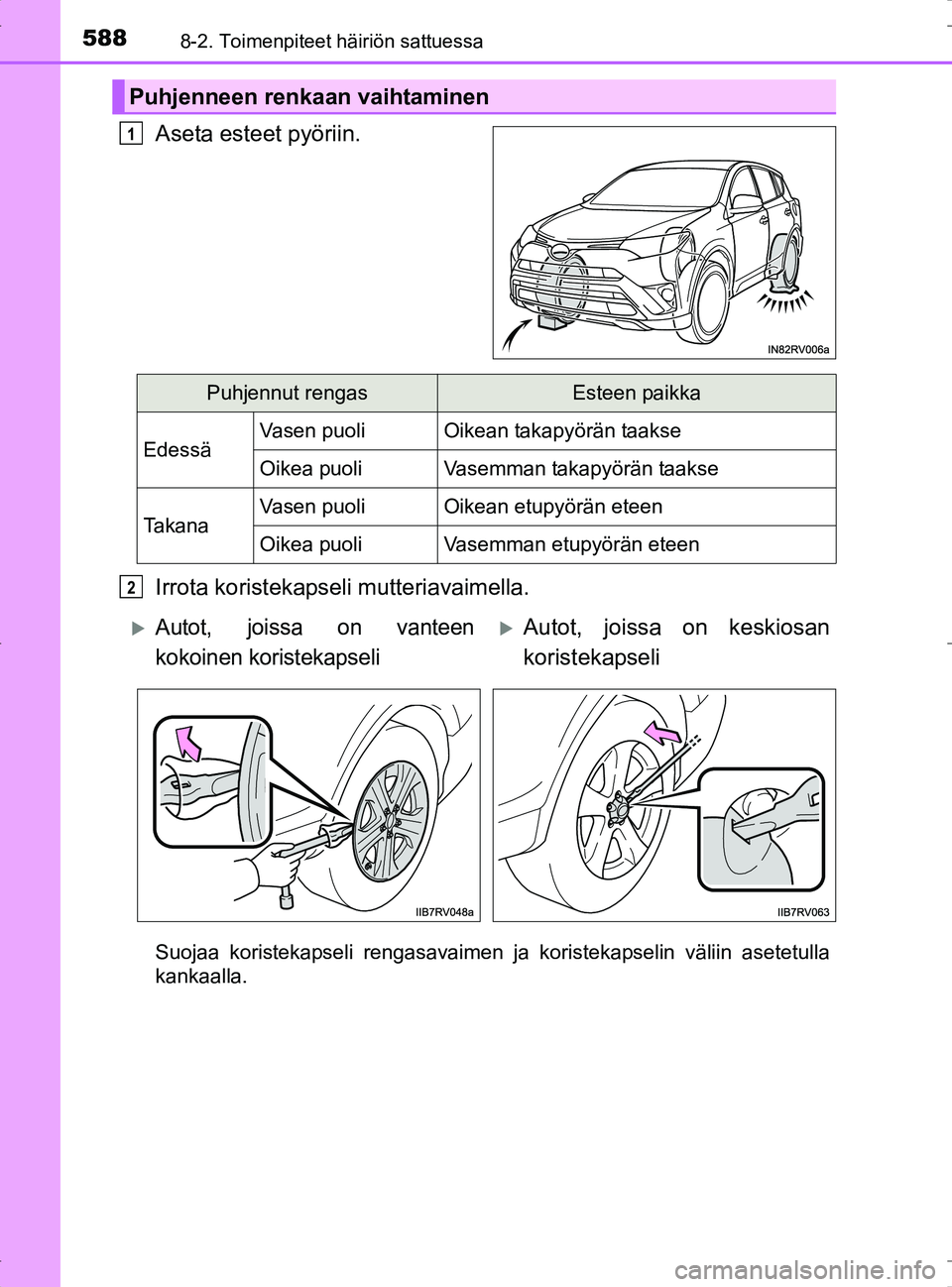 TOYOTA RAV4 2017 Omistajan Käsikirja (in Finnish) 5888-2. Toimenpiteet häiriön sattuessa
OM42753FI
Aseta esteet pyöriin.
Irrota koristekapseli mutteriavaimella.
Suojaa koristekapseli rengasavaimen ja koristekapselin väliin asetetulla
kankaalla.
P TOYOTA RAV4 2017 Omistajan Käsikirja (in Finnish) 5888-2. Toimenpiteet häiriön sattuessa
OM42753FI
Aseta esteet pyöriin.
Irrota koristekapseli mutteriavaimella.
Suojaa koristekapseli rengasavaimen ja koristekapselin väliin asetetulla
kankaalla.
P