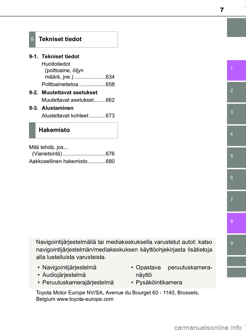 TOYOTA RAV4 2017  Omistajan Käsikirja (in Finnish) 9 8
7
1
7 6
5
4
3
2
OM42753FI9-1. Tekniset tiedot
Huoltotiedot (polttoaine, öljyn 
määrä, jne.) .....................634
Polttoainetietoa ..................658
9-2. Muutettavat asetukset Muutettav