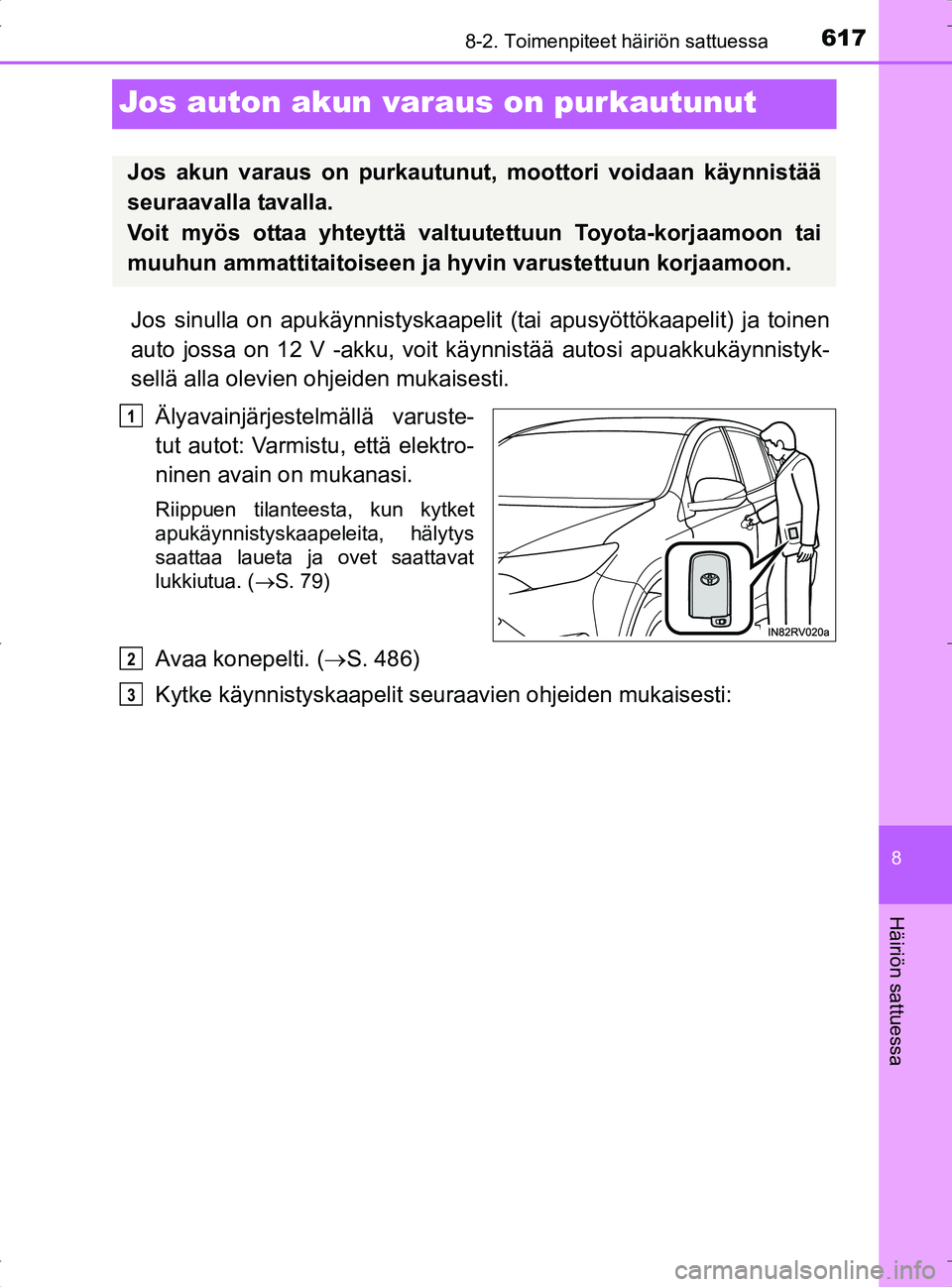 TOYOTA RAV4 2017 Omistajan Käsikirja (in Finnish) 6178-2. Toimenpiteet häiriön sattuessa
8
Häiriön sattuessa
OM42753FI
Jos auton akun varaus on purkautunut
Jos sinulla on apukäynnistyskaapelit (tai apusyöttökaapelit) ja toinen
auto jossa on 12 TOYOTA RAV4 2017 Omistajan Käsikirja (in Finnish) 6178-2. Toimenpiteet häiriön sattuessa
8
Häiriön sattuessa
OM42753FI
Jos auton akun varaus on purkautunut
Jos sinulla on apukäynnistyskaapelit (tai apusyöttökaapelit) ja toinen
auto jossa on 12