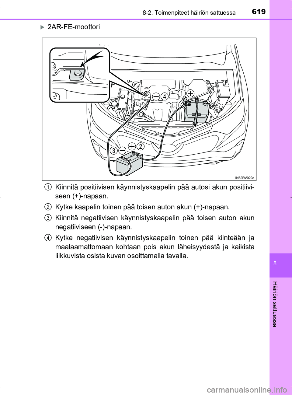 TOYOTA RAV4 2017 Omistajan Käsikirja (in Finnish) 6198-2. Toimenpiteet häiriön sattuessa
8
Häiriön sattuessa
OM42753FI
2AR-FE-moottoriKiinnitä positiivisen kä ynnistyskaapelin pää autosi akun positiivi-
seen (+)-napaan.
Kytke kaapelin toin TOYOTA RAV4 2017 Omistajan Käsikirja (in Finnish) 6198-2. Toimenpiteet häiriön sattuessa
8
Häiriön sattuessa
OM42753FI
2AR-FE-moottoriKiinnitä positiivisen kä ynnistyskaapelin pää autosi akun positiivi-
seen (+)-napaan.
Kytke kaapelin toin