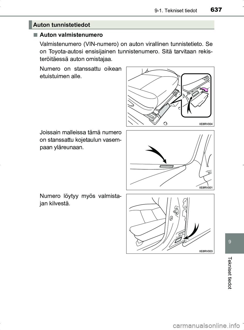 TOYOTA RAV4 2017  Omistajan Käsikirja (in Finnish) 6379-1. Tekniset tiedot
OM42753FI
9
Tekniset tiedot
nAuton valmistenumero
Valmistenumero (VIN-numero) on auton virallinen tunnistetieto. Se
on Toyota-autosi ensisijainen tunnistenumero. Sitä tarvitaa