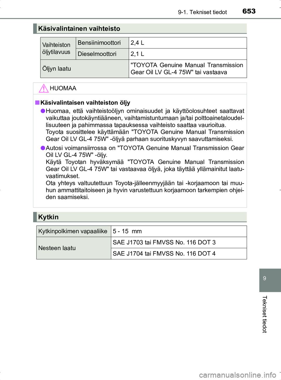 TOYOTA RAV4 2017 Omistajan Käsikirja (in Finnish) 6539-1. Tekniset tiedot
OM42753FI
9
Tekniset tiedot
Käsivalintainen vaihteisto
Vaihteiston
öljytilavuusBensiinimoottori2,4 L
Dieselmoottori2,1 L
Öljyn laatu"TOYOTA Genuine Manual Transmission
Gear TOYOTA RAV4 2017 Omistajan Käsikirja (in Finnish) 6539-1. Tekniset tiedot
OM42753FI
9
Tekniset tiedot
Käsivalintainen vaihteisto
Vaihteiston
öljytilavuusBensiinimoottori2,4 L
Dieselmoottori2,1 L
Öljyn laatu"TOYOTA Genuine Manual Transmission
Gear
