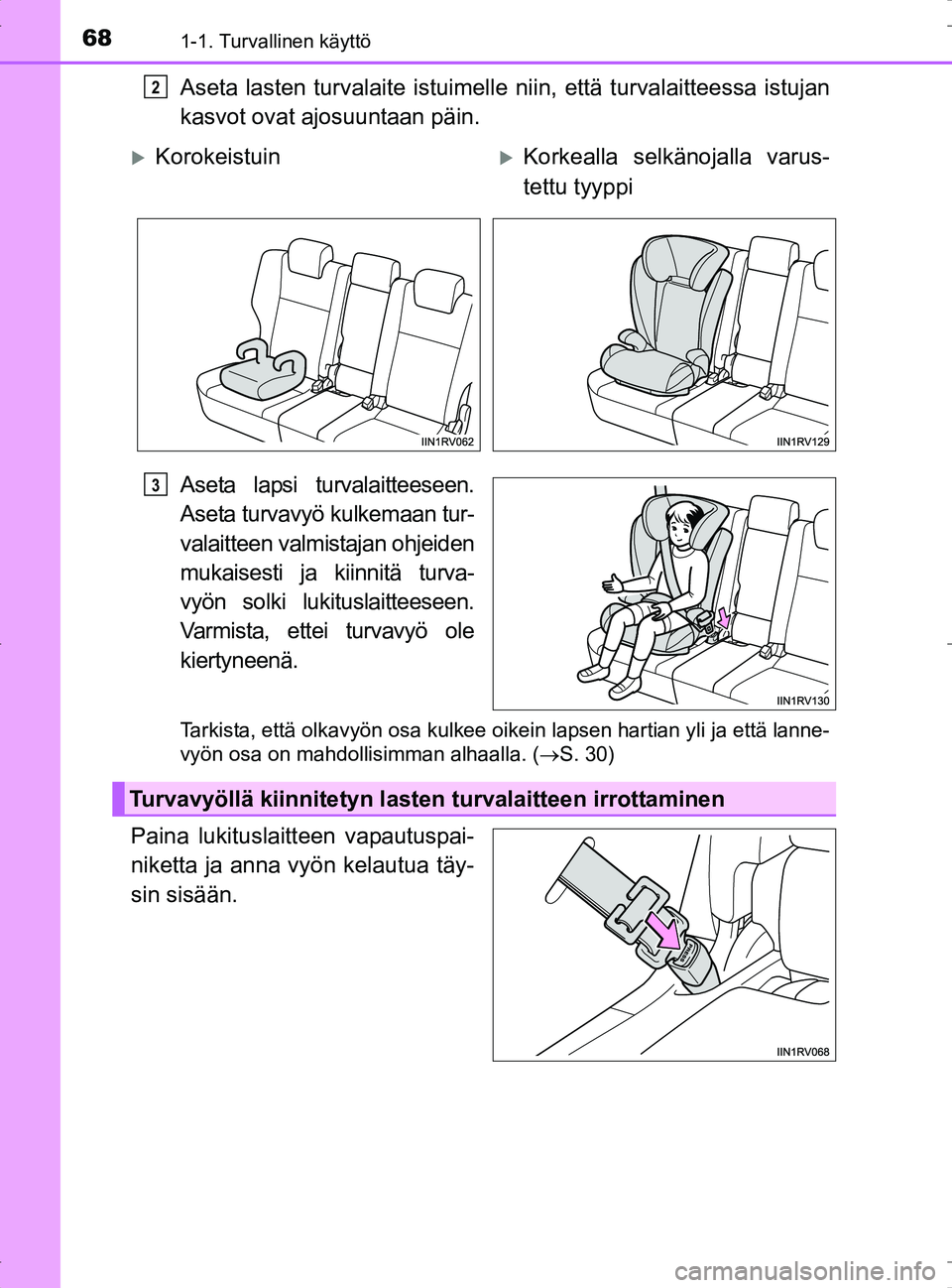 TOYOTA RAV4 2017 Omistajan Käsikirja (in Finnish) 681-1. Turvallinen käyttö
OM42753FI
Aseta lasten turvalaite istuimelle niin, että turvalaitteessa istujan
kasvot ovat ajosuuntaan päin.
Aseta lapsi turvalaitteeseen.
Aseta turvavyö kulkemaan tur- TOYOTA RAV4 2017 Omistajan Käsikirja (in Finnish) 681-1. Turvallinen käyttö
OM42753FI
Aseta lasten turvalaite istuimelle niin, että turvalaitteessa istujan
kasvot ovat ajosuuntaan päin.
Aseta lapsi turvalaitteeseen.
Aseta turvavyö kulkemaan tur-