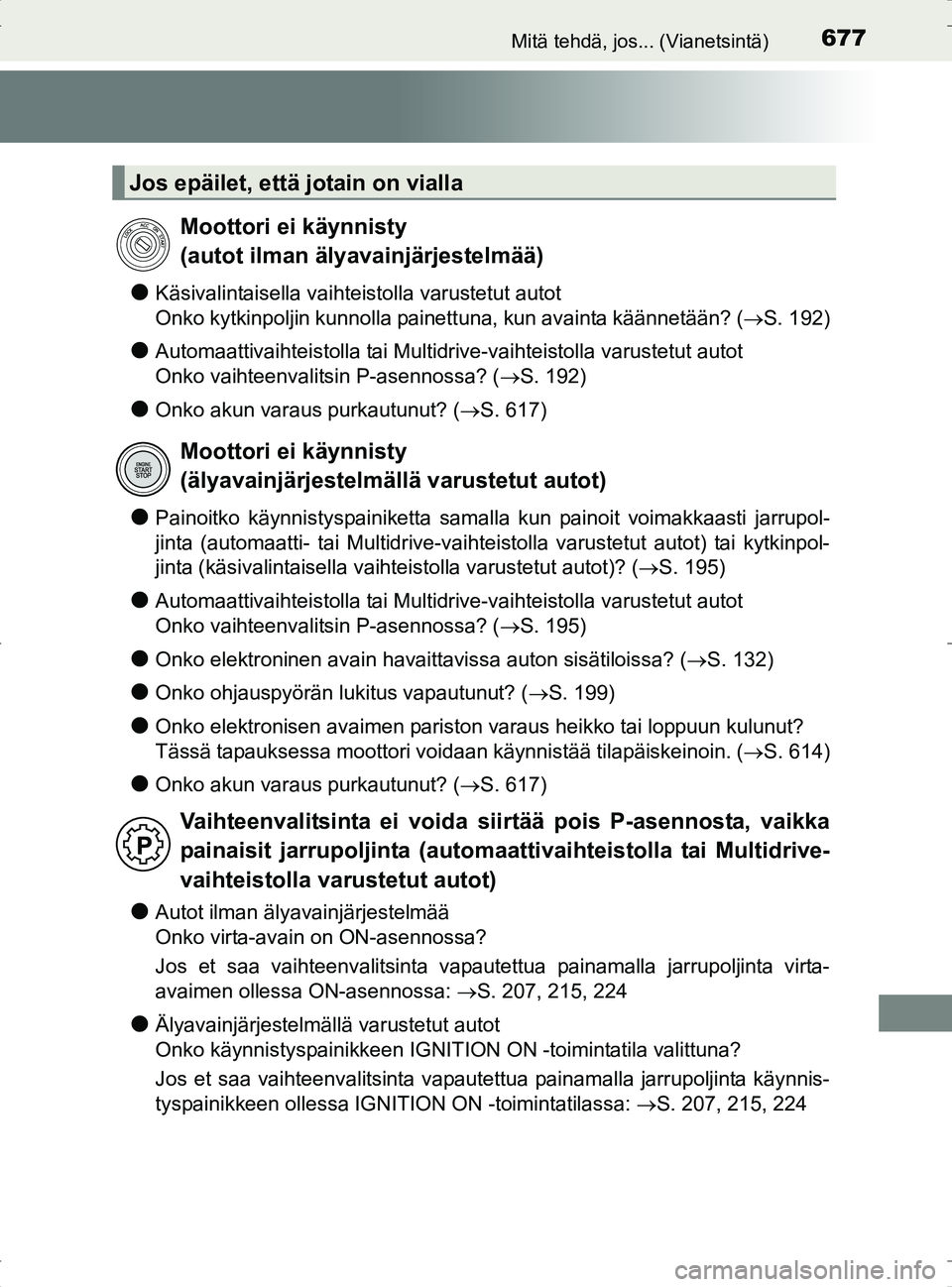 TOYOTA RAV4 2017 Omistajan Käsikirja (in Finnish) 677Mitä tehdä, jos... (Vianetsintä)
OM42753FI
lKäsivalintaisella vaihteistolla varustetut autot
Onko kytkinpoljin kunnolla painettuna, kun avainta käännetään? (S. 192)
lAutomaattivaihteist TOYOTA RAV4 2017 Omistajan Käsikirja (in Finnish) 677Mitä tehdä, jos... (Vianetsintä)
OM42753FI
lKäsivalintaisella vaihteistolla varustetut autot
Onko kytkinpoljin kunnolla painettuna, kun avainta käännetään? (S. 192)
lAutomaattivaihteist