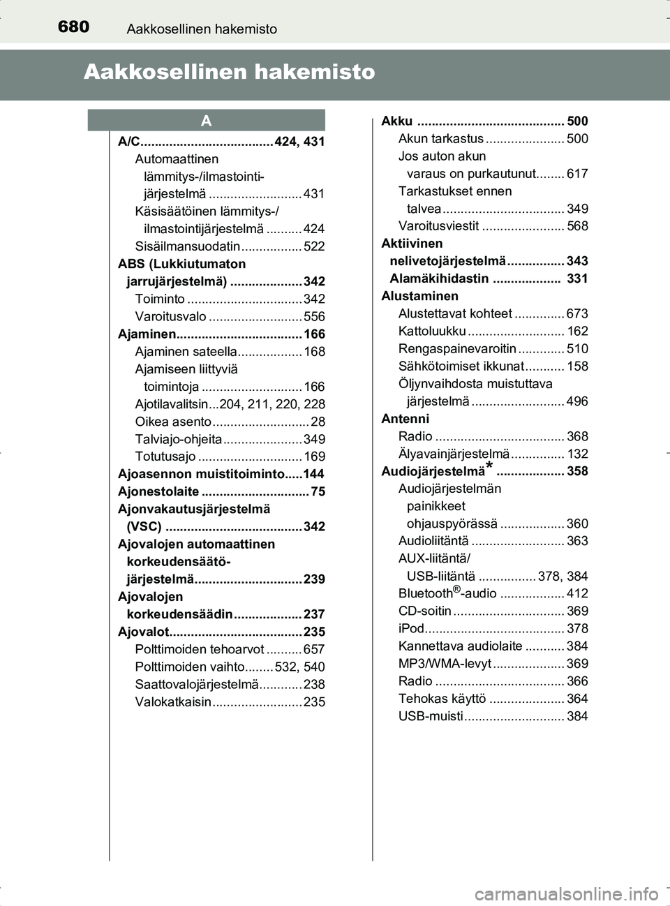 TOYOTA RAV4 2017 Omistajan Käsikirja (in Finnish) 680Aakkosellinen hakemisto
OM42753FI
Aakkosellinen hakemisto
A/C..................................... 424, 431Automaattinen lämmitys-/ilmastointi-
järjestelmä .......................... 431
Käsis TOYOTA RAV4 2017 Omistajan Käsikirja (in Finnish) 680Aakkosellinen hakemisto
OM42753FI
Aakkosellinen hakemisto
A/C..................................... 424, 431Automaattinen lämmitys-/ilmastointi-
järjestelmä .......................... 431
Käsis