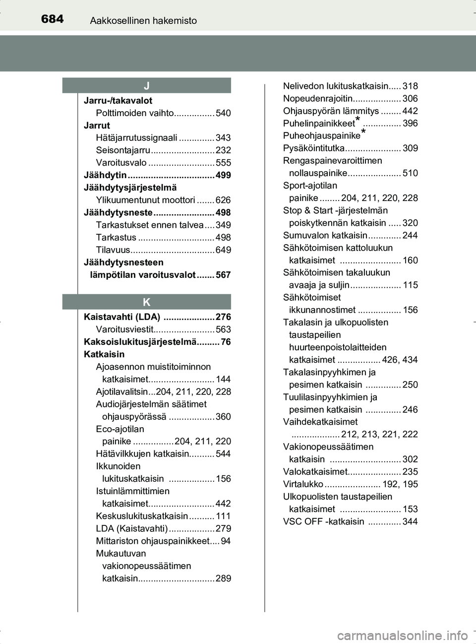 TOYOTA RAV4 2017 Omistajan Käsikirja (in Finnish) 684Aakkosellinen hakemisto
OM42753FI
Jarru-/takavalotPolttimoiden vaihto................ 540
Jarrut Hätäjarrutussignaali .............. 343
Seisontajarru ......................... 232
Varoitusvalo . TOYOTA RAV4 2017 Omistajan Käsikirja (in Finnish) 684Aakkosellinen hakemisto
OM42753FI
Jarru-/takavalotPolttimoiden vaihto................ 540
Jarrut Hätäjarrutussignaali .............. 343
Seisontajarru ......................... 232
Varoitusvalo .