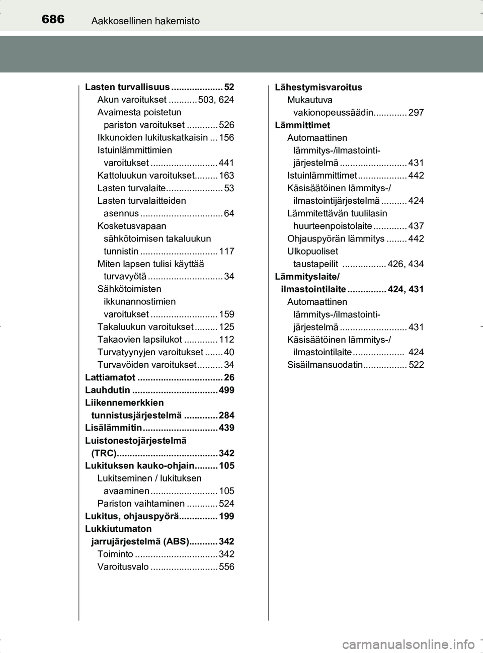 TOYOTA RAV4 2017 Omistajan Käsikirja (in Finnish) 686Aakkosellinen hakemisto
OM42753FI
Lasten turvallisuus .................... 52Akun varoitukset ........... 503, 624
Avaimesta poistetun pariston varoitukset ............ 526
Ikkunoiden lukituskatkai TOYOTA RAV4 2017 Omistajan Käsikirja (in Finnish) 686Aakkosellinen hakemisto
OM42753FI
Lasten turvallisuus .................... 52Akun varoitukset ........... 503, 624
Avaimesta poistetun pariston varoitukset ............ 526
Ikkunoiden lukituskatkai