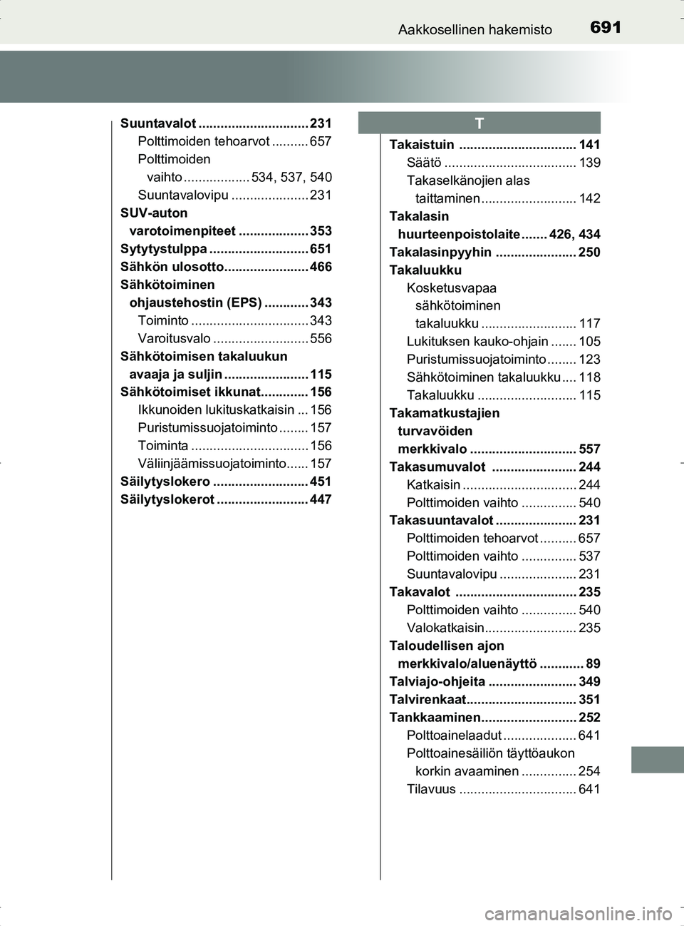 TOYOTA RAV4 2017  Omistajan Käsikirja (in Finnish) 691Aakkosellinen hakemisto
OM42753FI
Suuntavalot .............................. 231Polttimoiden tehoarvot .......... 657
Polttimoiden vaihto .................. 534, 537, 540
Suuntavalovipu ...........