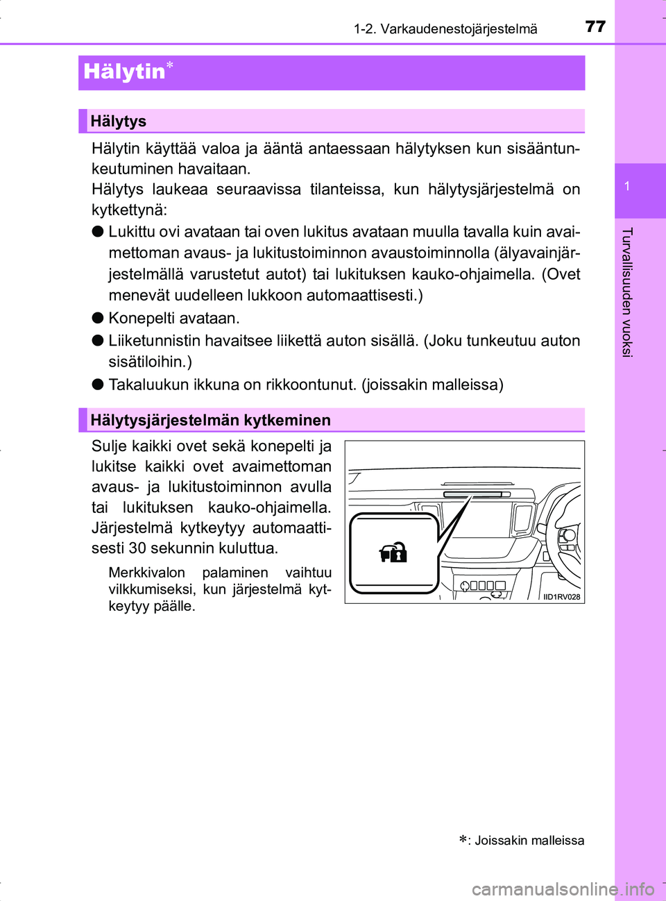 TOYOTA RAV4 2017 Omistajan Käsikirja (in Finnish) 77
1
1-2. Varkaudenestojärjestelmä
OM42753FI
Turvallisuuden vuoksi
Hälytin
Hälytin käyttää valoa ja ääntä antaessaan hälytyksen kun sisääntun-
keutuminen havaitaan.
Hälytys laukeaa se TOYOTA RAV4 2017 Omistajan Käsikirja (in Finnish) 77
1
1-2. Varkaudenestojärjestelmä
OM42753FI
Turvallisuuden vuoksi
Hälytin
Hälytin käyttää valoa ja ääntä antaessaan hälytyksen kun sisääntun-
keutuminen havaitaan.
Hälytys laukeaa se
