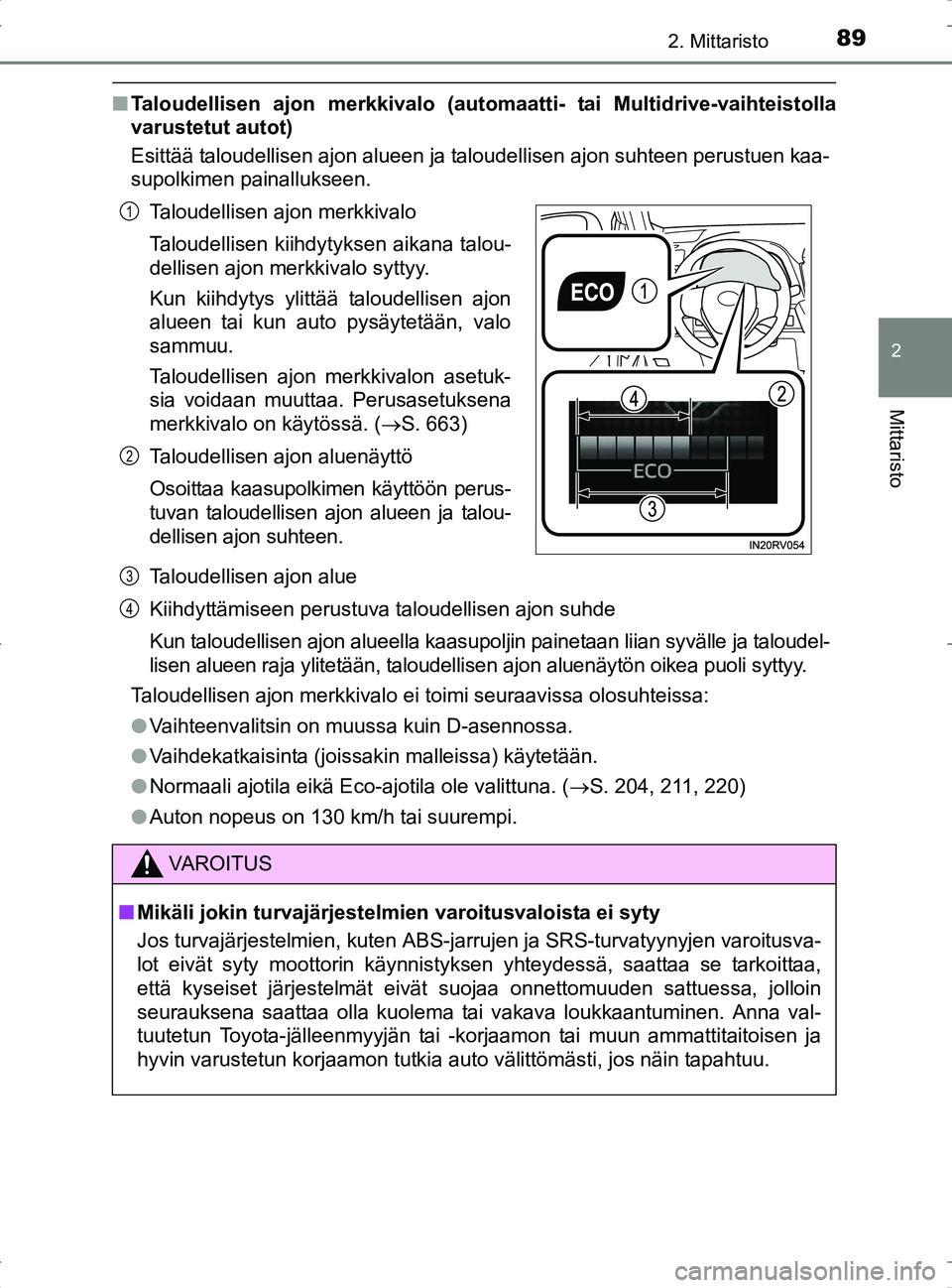 TOYOTA RAV4 2017 Omistajan Käsikirja (in Finnish) 892. Mittaristo
2
Mittaristo
OM42753FI
nTaloudellisen ajon merkkivalo (autom aatti- tai Multidrive-vaihteistolla
varustetut autot)
Esittää taloudellisen ajon alueen ja taloudellisen ajon suhteen per TOYOTA RAV4 2017 Omistajan Käsikirja (in Finnish) 892. Mittaristo
2
Mittaristo
OM42753FI
nTaloudellisen ajon merkkivalo (autom aatti- tai Multidrive-vaihteistolla
varustetut autot)
Esittää taloudellisen ajon alueen ja taloudellisen ajon suhteen per