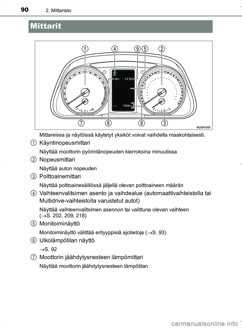 TOYOTA RAV4 2017 Omistajan Käsikirja (in Finnish) 902. Mittaristo
OM42753FI
Mittarit
Mittareissa ja näytöissä käytetyt yksiköt voivat vaihdella maakohtaisesti.
Käyntinopeusmittari
Näyttää moottorin pyörintänopeuden kierroksina minuutissa
N TOYOTA RAV4 2017 Omistajan Käsikirja (in Finnish) 902. Mittaristo
OM42753FI
Mittarit
Mittareissa ja näytöissä käytetyt yksiköt voivat vaihdella maakohtaisesti.
Käyntinopeusmittari
Näyttää moottorin pyörintänopeuden kierroksina minuutissa
N