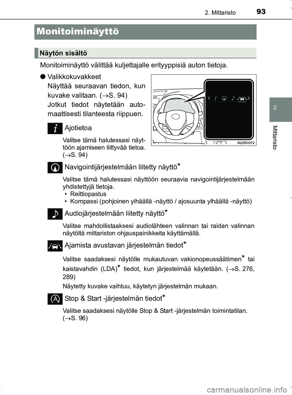 TOYOTA RAV4 2017 Omistajan Käsikirja (in Finnish) 93
2
2. Mittaristo
Mittaristo
OM42753FI
Monitoiminäyttö
Monitoiminäyttö välittää kuljettajalle erityyppisiä auton tietoja.
l Valikkokuvakkeet
Näyttää seuraavan tiedon, kun
kuvake valitaan. TOYOTA RAV4 2017 Omistajan Käsikirja (in Finnish) 93
2
2. Mittaristo
Mittaristo
OM42753FI
Monitoiminäyttö
Monitoiminäyttö välittää kuljettajalle erityyppisiä auton tietoja.
l Valikkokuvakkeet
Näyttää seuraavan tiedon, kun
kuvake valitaan.