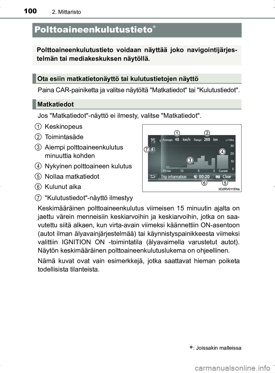 TOYOTA RAV4 2017 Omistajan Käsikirja (in Finnish) 1002. Mittaristo
OM42753FI
Polttoaineenkulutustieto
Paina CAR-painiketta ja valitse näytöltä "Matkatiedot" tai "Kulutustiedot".
Jos "Matkatiedot"-näyttö ei ilmesty, valitse "Matkatiedot".
Kesk TOYOTA RAV4 2017 Omistajan Käsikirja (in Finnish) 1002. Mittaristo
OM42753FI
Polttoaineenkulutustieto
Paina CAR-painiketta ja valitse näytöltä "Matkatiedot" tai "Kulutustiedot".
Jos "Matkatiedot"-näyttö ei ilmesty, valitse "Matkatiedot".
Kesk