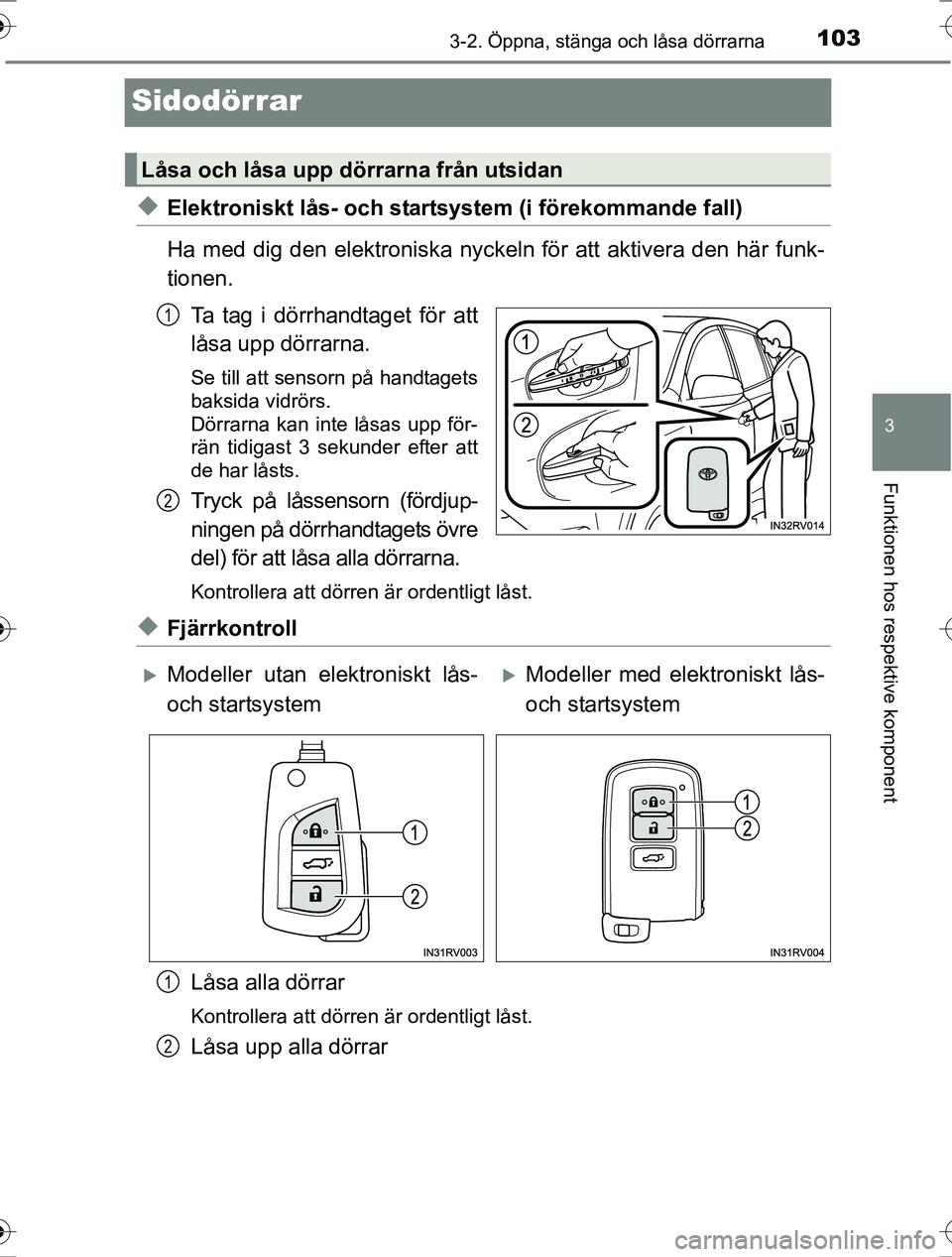 TOYOTA RAV4 2017 Bruksanvisningar (in Swedish) 103
3
3-2. Öppna, stänga och låsa dörrarna
Funktionen hos respektive komponent
OM42753SE
Sidodörrar
uElektroniskt lås- och startsystem (i förekommande fall)
Ha med dig den elektroniska nyckeln TOYOTA RAV4 2017 Bruksanvisningar (in Swedish) 103
3
3-2. Öppna, stänga och låsa dörrarna
Funktionen hos respektive komponent
OM42753SE
Sidodörrar
uElektroniskt lås- och startsystem (i förekommande fall)
Ha med dig den elektroniska nyckeln