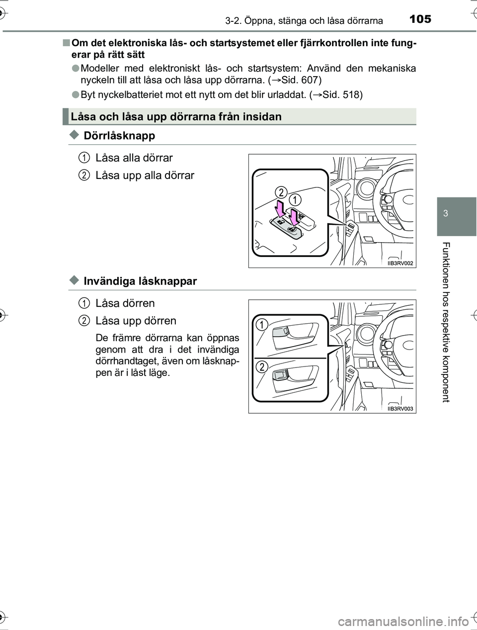TOYOTA RAV4 2017 Bruksanvisningar (in Swedish) 1053-2. Öppna, stänga och låsa dörrarna
3
Funktionen hos respektive komponent
OM42753SEn
Om det elektroniska lås- och startsystemet eller fjärrkontrollen inte fung-
erar på rätt sätt
lModelle TOYOTA RAV4 2017 Bruksanvisningar (in Swedish) 1053-2. Öppna, stänga och låsa dörrarna
3
Funktionen hos respektive komponent
OM42753SEn
Om det elektroniska lås- och startsystemet eller fjärrkontrollen inte fung-
erar på rätt sätt
lModelle