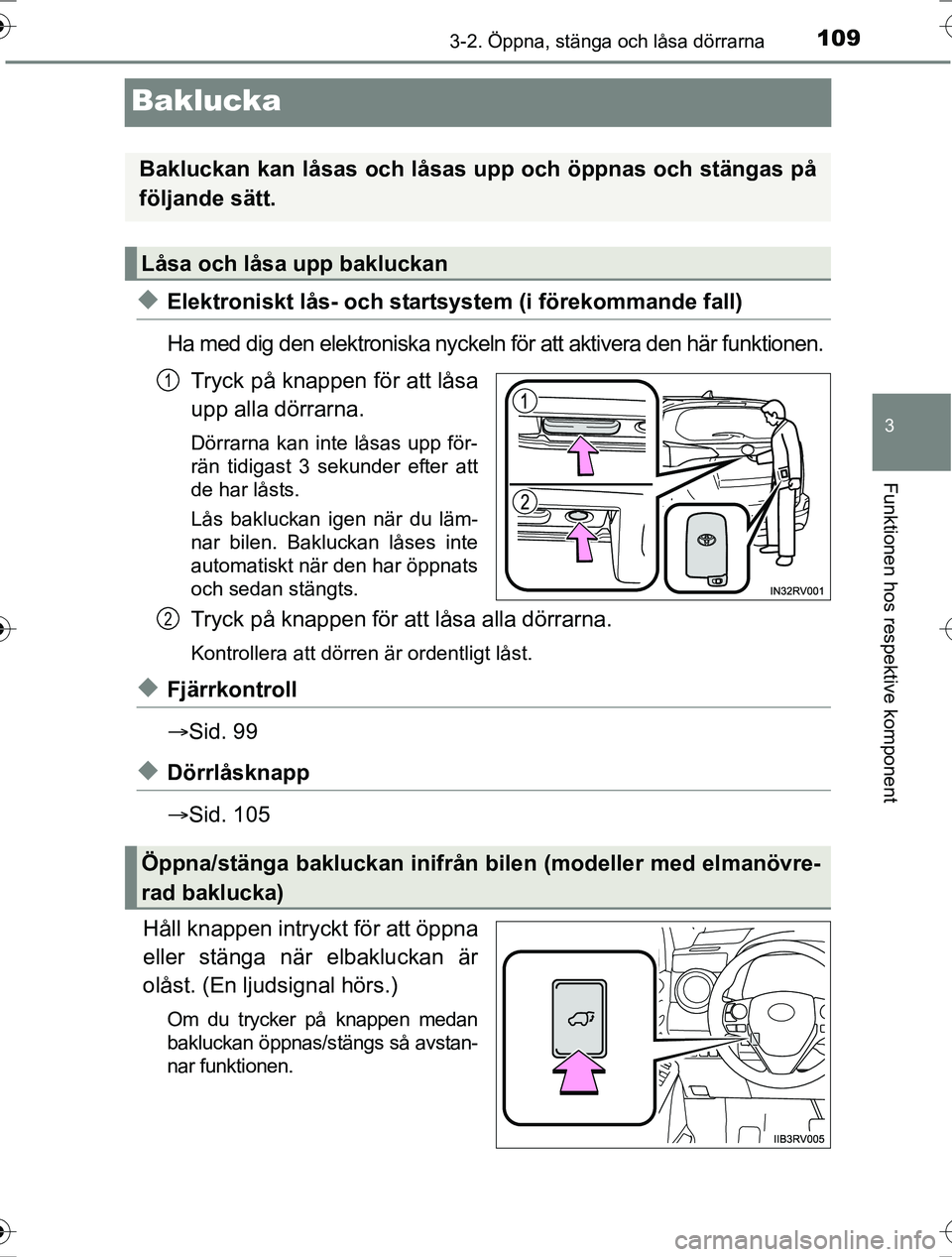 TOYOTA RAV4 2017 Bruksanvisningar (in Swedish) 109
3
3-2. Öppna, stänga och låsa dörrarna
Funktionen hos respektive komponent
OM42753SE
Baklucka
uElektroniskt lås- och startsystem (i förekommande fall)
Ha med dig den elektroniska nyckeln fö TOYOTA RAV4 2017 Bruksanvisningar (in Swedish) 109
3
3-2. Öppna, stänga och låsa dörrarna
Funktionen hos respektive komponent
OM42753SE
Baklucka
uElektroniskt lås- och startsystem (i förekommande fall)
Ha med dig den elektroniska nyckeln fö