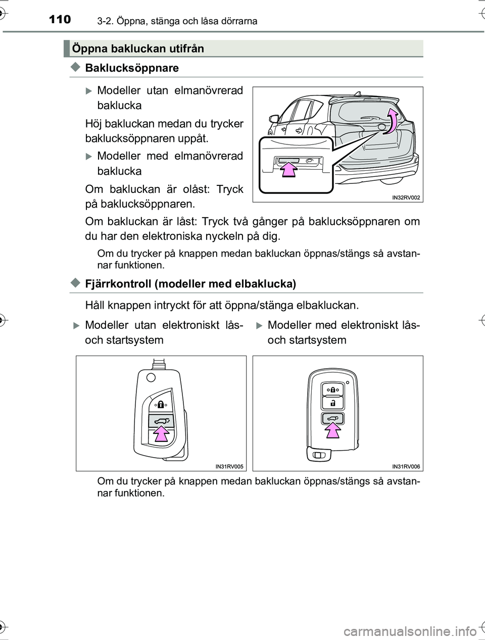 TOYOTA RAV4 2017 Bruksanvisningar (in Swedish) 1103-2. Öppna, stänga och låsa dörrarna
OM42753SE
uBaklucksöppnare
Modeller utan elmanövrerad
baklucka
Höj bakluckan medan du trycker
baklucksöppnaren uppåt.
Modeller med elmanövrerad
TOYOTA RAV4 2017 Bruksanvisningar (in Swedish) 1103-2. Öppna, stänga och låsa dörrarna
OM42753SE
uBaklucksöppnare
Modeller utan elmanövrerad
baklucka
Höj bakluckan medan du trycker
baklucksöppnaren uppåt.
Modeller med elmanövrerad