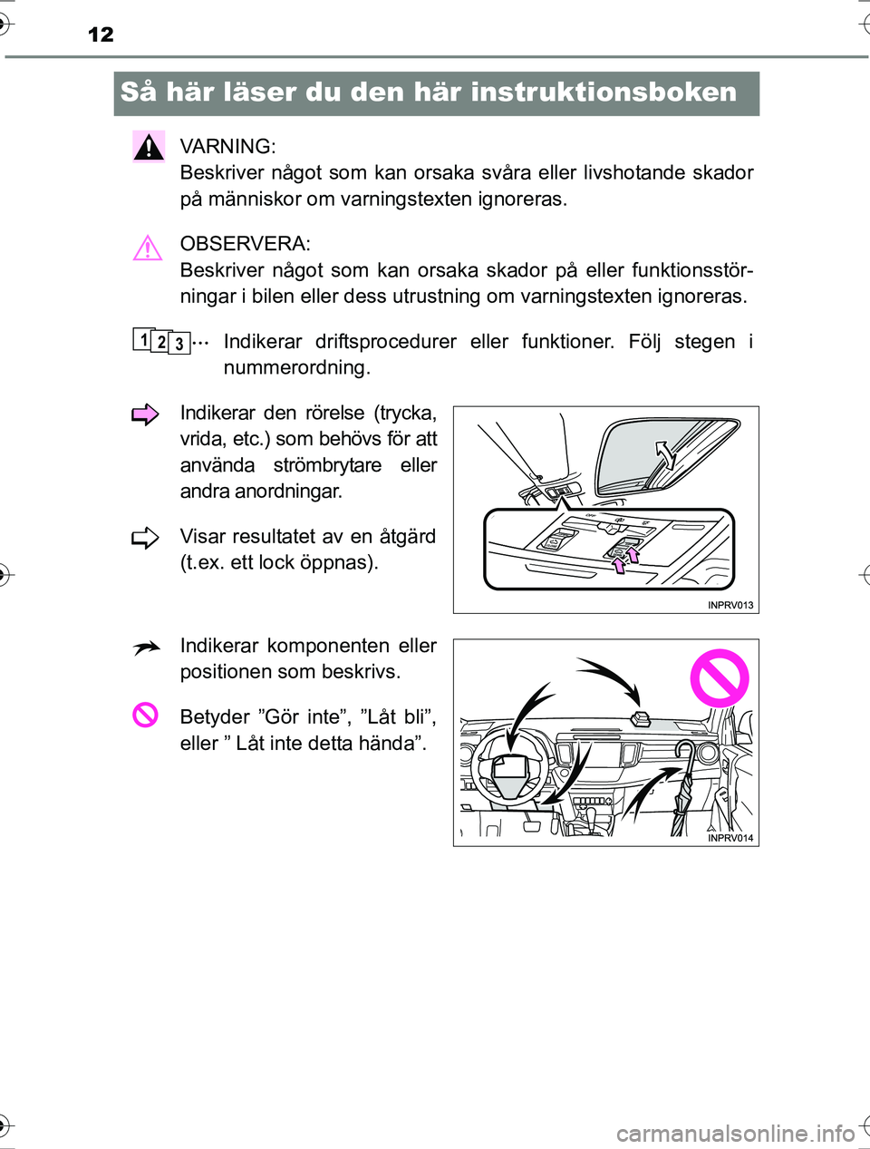 TOYOTA RAV4 2017 Bruksanvisningar (in Swedish) 12
OM42753SE
Så här läser du den här instruktionsboken
VA R N I N G :
Beskriver något som kan orsaka svåra eller livshotande skador
på människor om varningstexten ignoreras.
OBSERVERA:
Besk TOYOTA RAV4 2017 Bruksanvisningar (in Swedish) 12
OM42753SE
Så här läser du den här instruktionsboken
VA R N I N G :
Beskriver något som kan orsaka svåra eller livshotande skador
på människor om varningstexten ignoreras.
OBSERVERA:
Besk