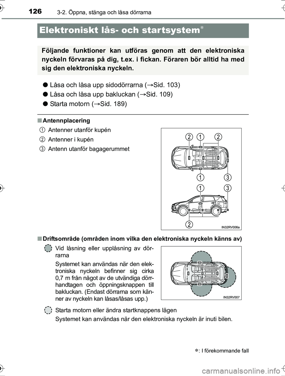 TOYOTA RAV4 2017  Bruksanvisningar (in Swedish) 1263-2. Öppna, stänga och låsa dörrarna
OM42753SE
Elektroniskt lås- och startsystem
lLåsa och låsa upp sidodörrarna ( Sid. 103)
l Låsa och låsa upp bakluckan ( Sid. 109)
l Starta mo