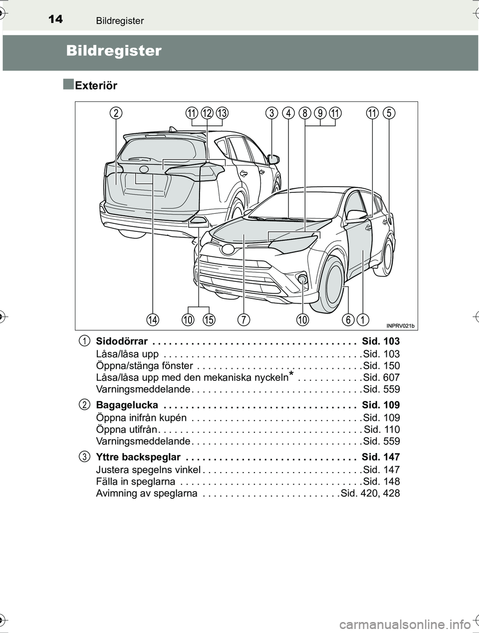 TOYOTA RAV4 2017 Bruksanvisningar (in Swedish) 14Bildregister
OM42753SE
Bildregister
n
Exteriör
Sidodörrar . . . . . . . . . . . . . . . . . . . . . . . . . . . . . . . . . . . . . Sid. 103
Låsa/låsa upp . . . . . . . . . . . . . . . . . . TOYOTA RAV4 2017 Bruksanvisningar (in Swedish) 14Bildregister
OM42753SE
Bildregister
n
Exteriör
Sidodörrar . . . . . . . . . . . . . . . . . . . . . . . . . . . . . . . . . . . . . Sid. 103
Låsa/låsa upp . . . . . . . . . . . . . . . . . .