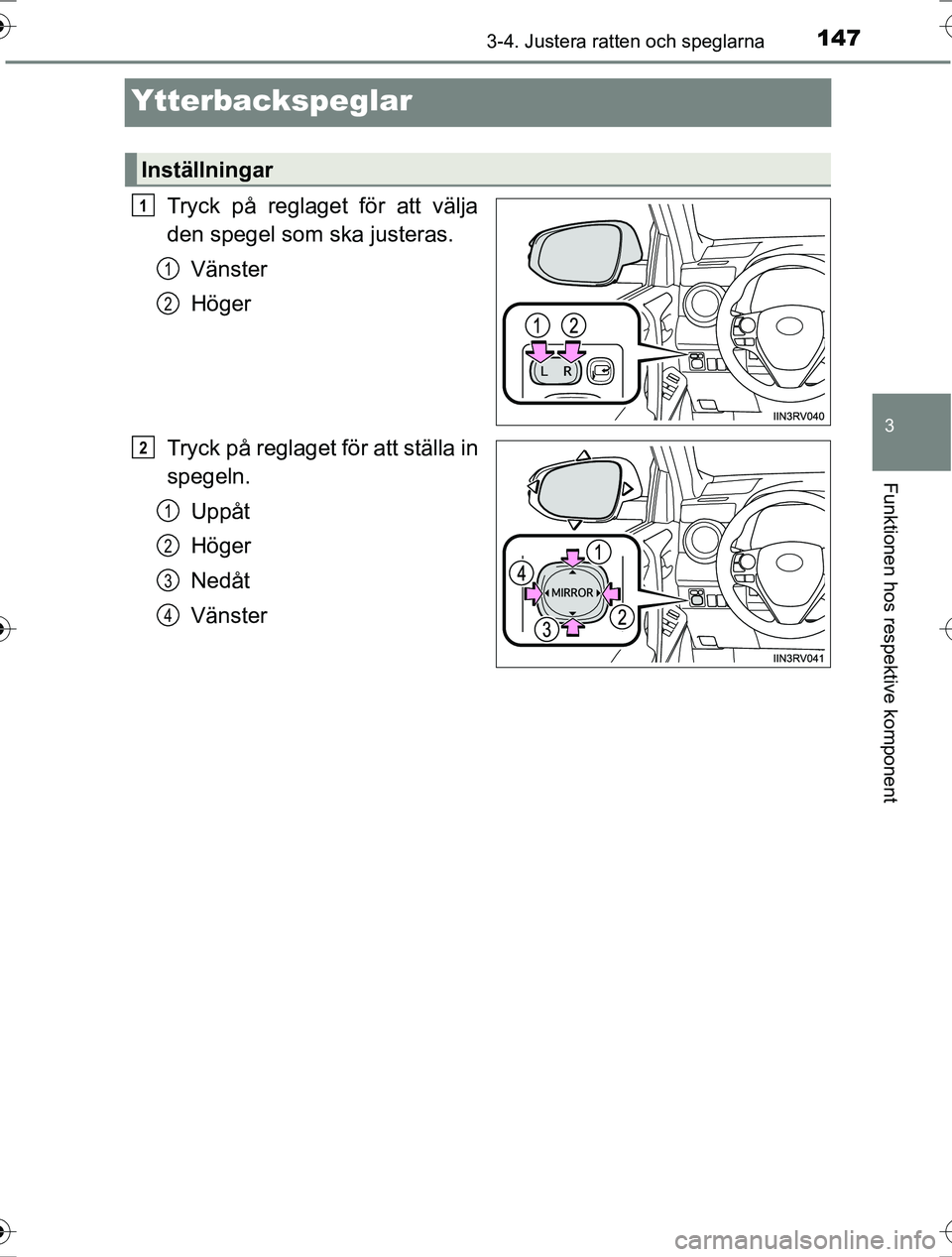 TOYOTA RAV4 2017 Bruksanvisningar (in Swedish) 147
3
3-4. Justera ratten och speglarna
Funktionen hos respektive komponent
OM42753SE
Ytterbackspeglar
Tryck på reglaget för att välja
den spegel som ska justeras.Vänster
Höger
Tryck på reglaget TOYOTA RAV4 2017 Bruksanvisningar (in Swedish) 147
3
3-4. Justera ratten och speglarna
Funktionen hos respektive komponent
OM42753SE
Ytterbackspeglar
Tryck på reglaget för att välja
den spegel som ska justeras.Vänster
Höger
Tryck på reglaget